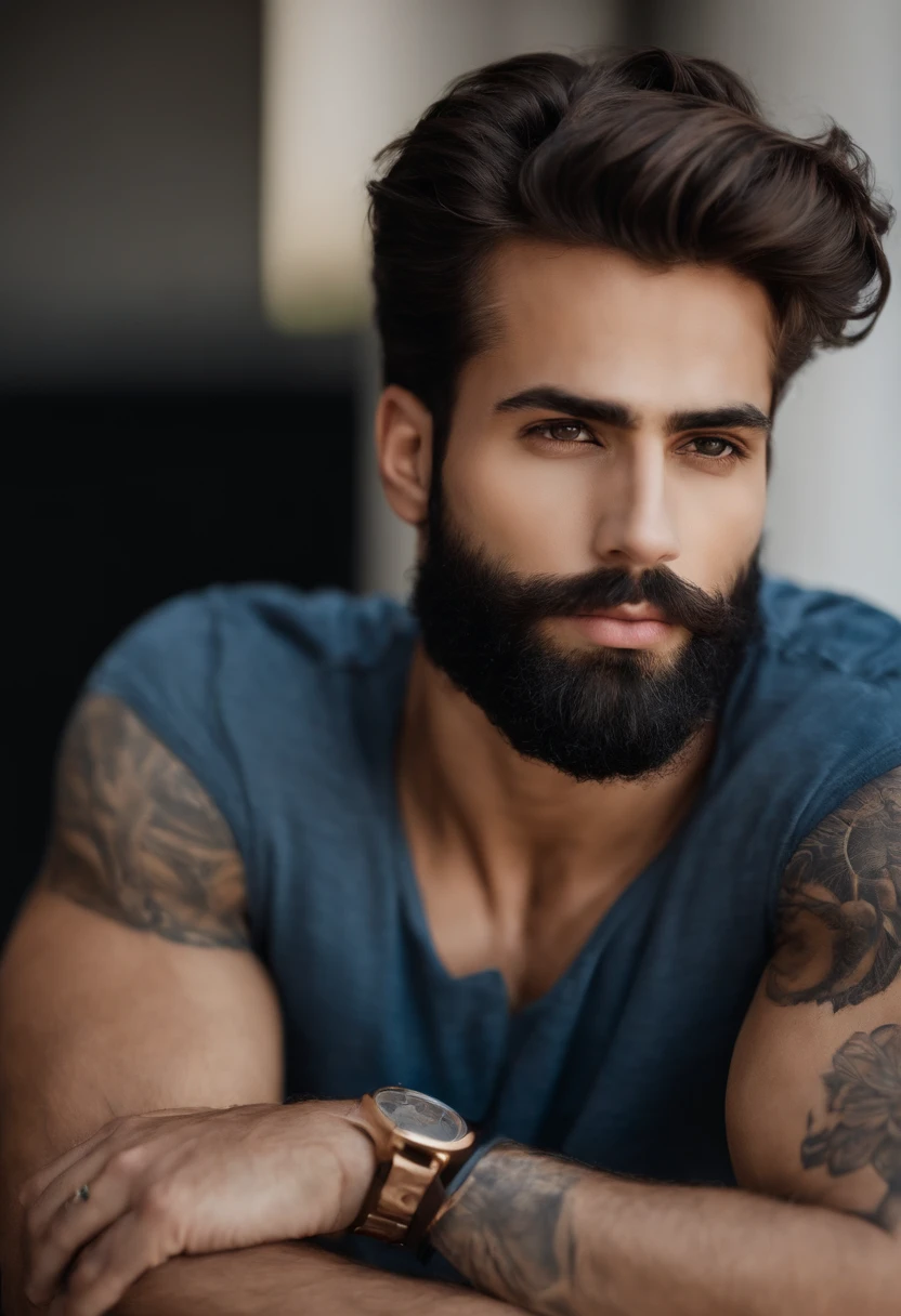 Homem de 20 anos com barba, cabelo, strong masculine features,Homem pouca barba bonito, Torso masculino, Barbu, colmo, masculine features, barba encaracolado, detalhes perfeitos, very realistic, Characteristics of Arabic, Random Summer Outfits