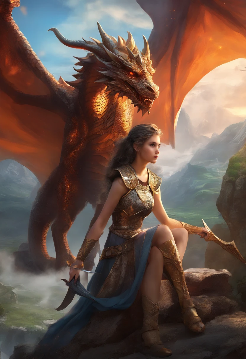 mythology, dragon slayer 12 year old girl with sword, dressed in black, dragon in background, highly detailed, 8k, realistic Full HD, best quality, cinematic lighting, volumetric lighting