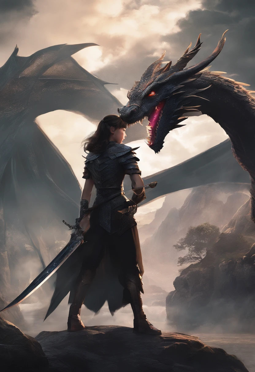 mythology, dragon slayer 12 year old girl with sword, dressed in black, dragon in background, highly detailed, 8k, realistic Full HD, best quality, cinematic lighting, volumetric lighting