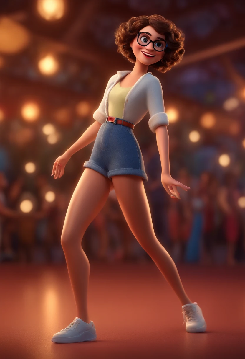 Pixar style image with 3D character glasses white brunette woman short curly hair dancing, Maquiagem Disney,Pescador, bonitinho, sorridente ,Close-up, Pixar, Disney, Cinema lighting,