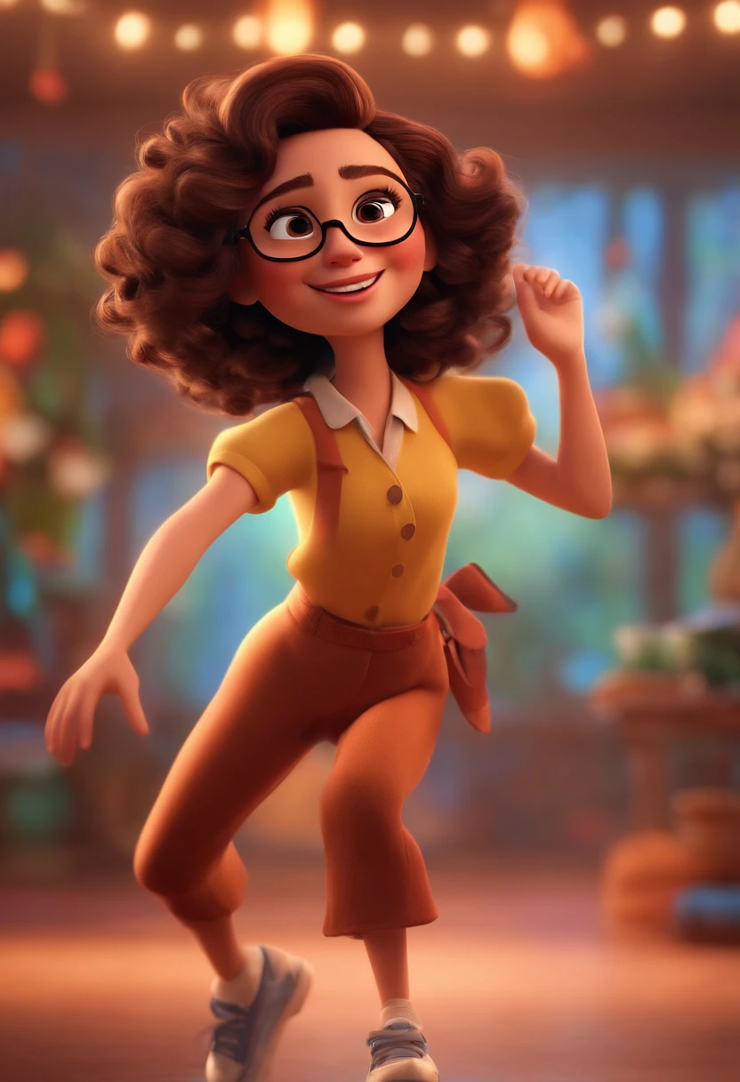 Pixar style image with 3D character glasses white brunette woman short curly hair dancing, Maquiagem Disney,Pescador, bonitinho, sorridente ,Close-up, Pixar, Disney, Cinema lighting,