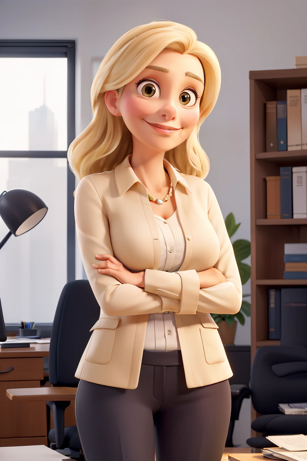 obra-prima, melhor qualidade, Portrait of successful mid adult mature blonde woman looking at camera with arms crossed. Smiling executive businesswoman standing in new office. Retrato de mulher madura.