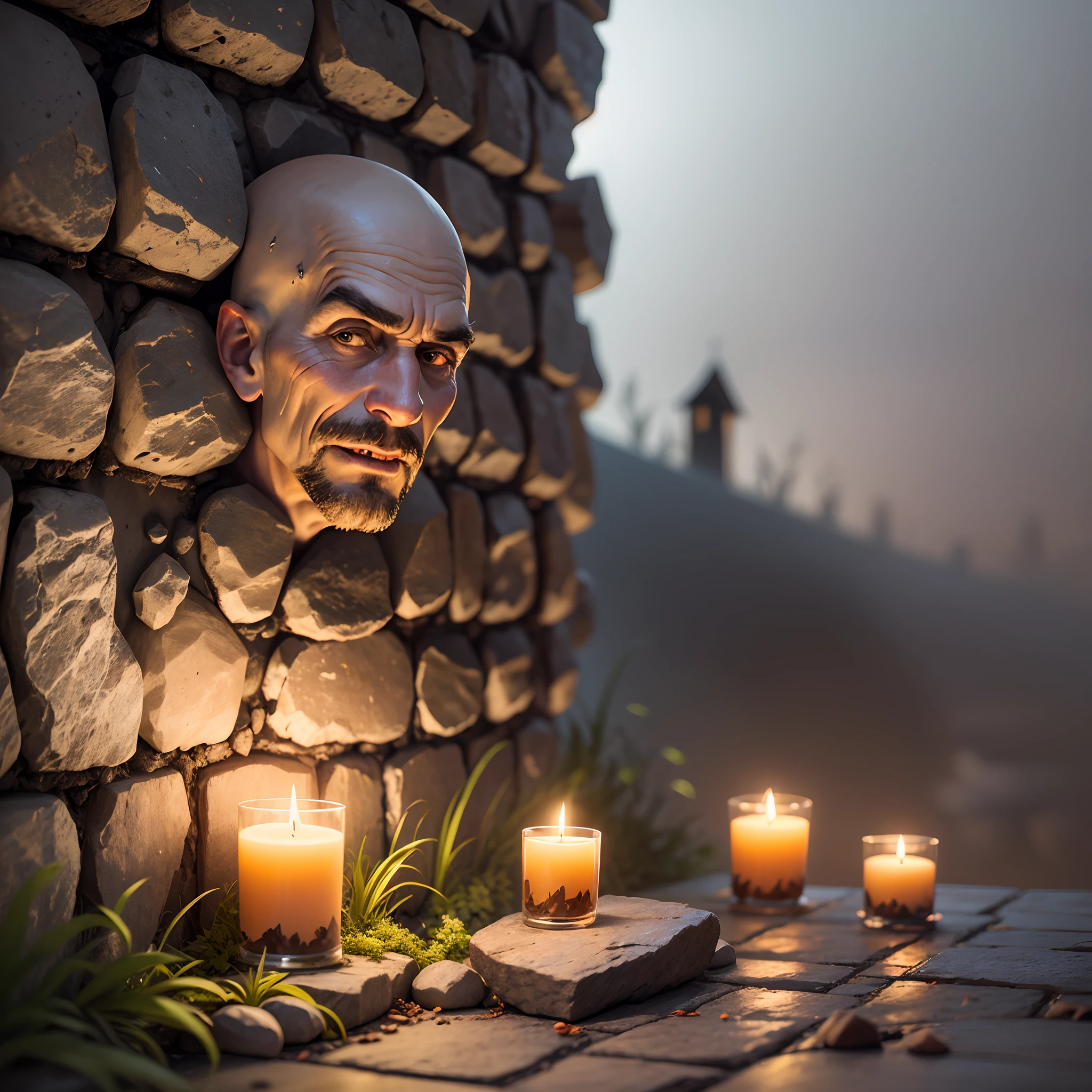 The photo of the Halloween pumpkins on the stone wall, lit by candles, with a 40-year-old man's head peering through the middle of the wall on the other side is a funny image. The man has a bald head and a surprised look on his face. --auto --s2