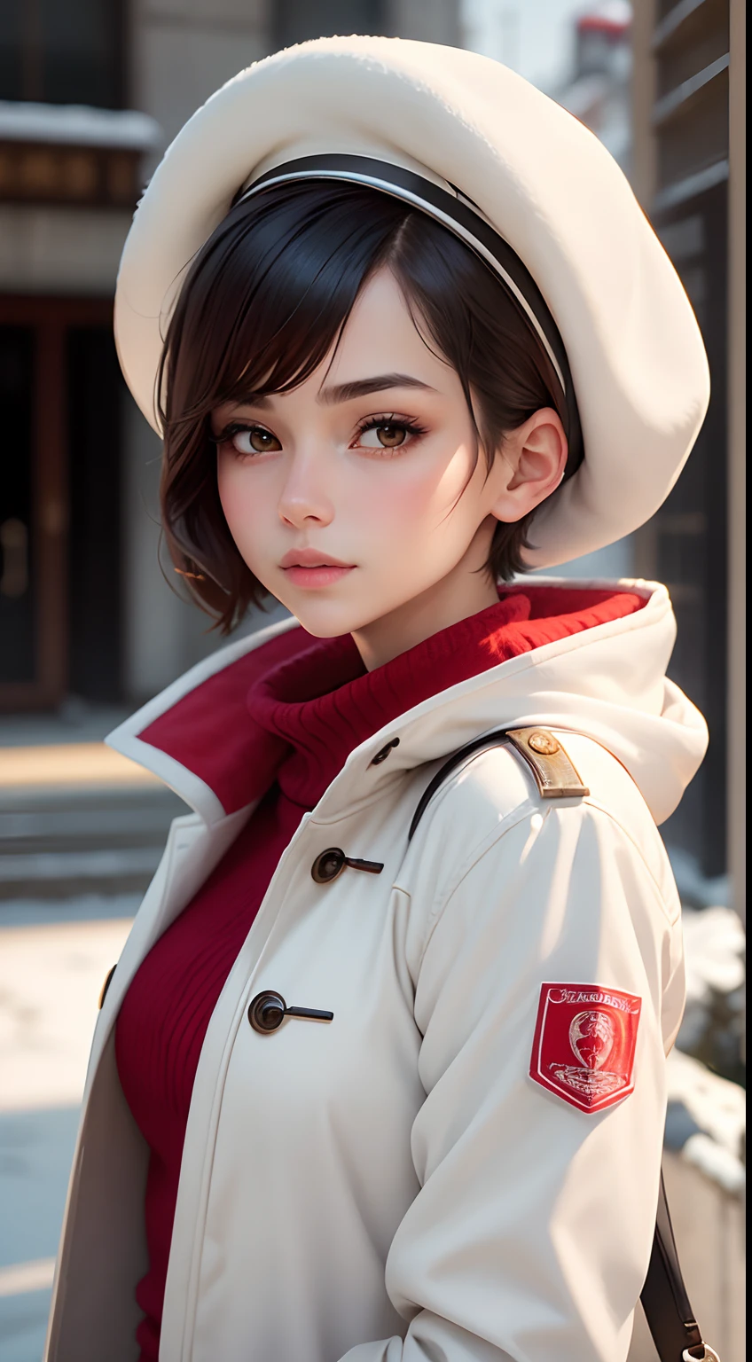 Young woman, flatchest, Lips, Closed mouth, Smug, short detailed hair, Very short hair, beauitful face,White cotton coat,Red coat,Cotton cap,White hat,with a calm expression