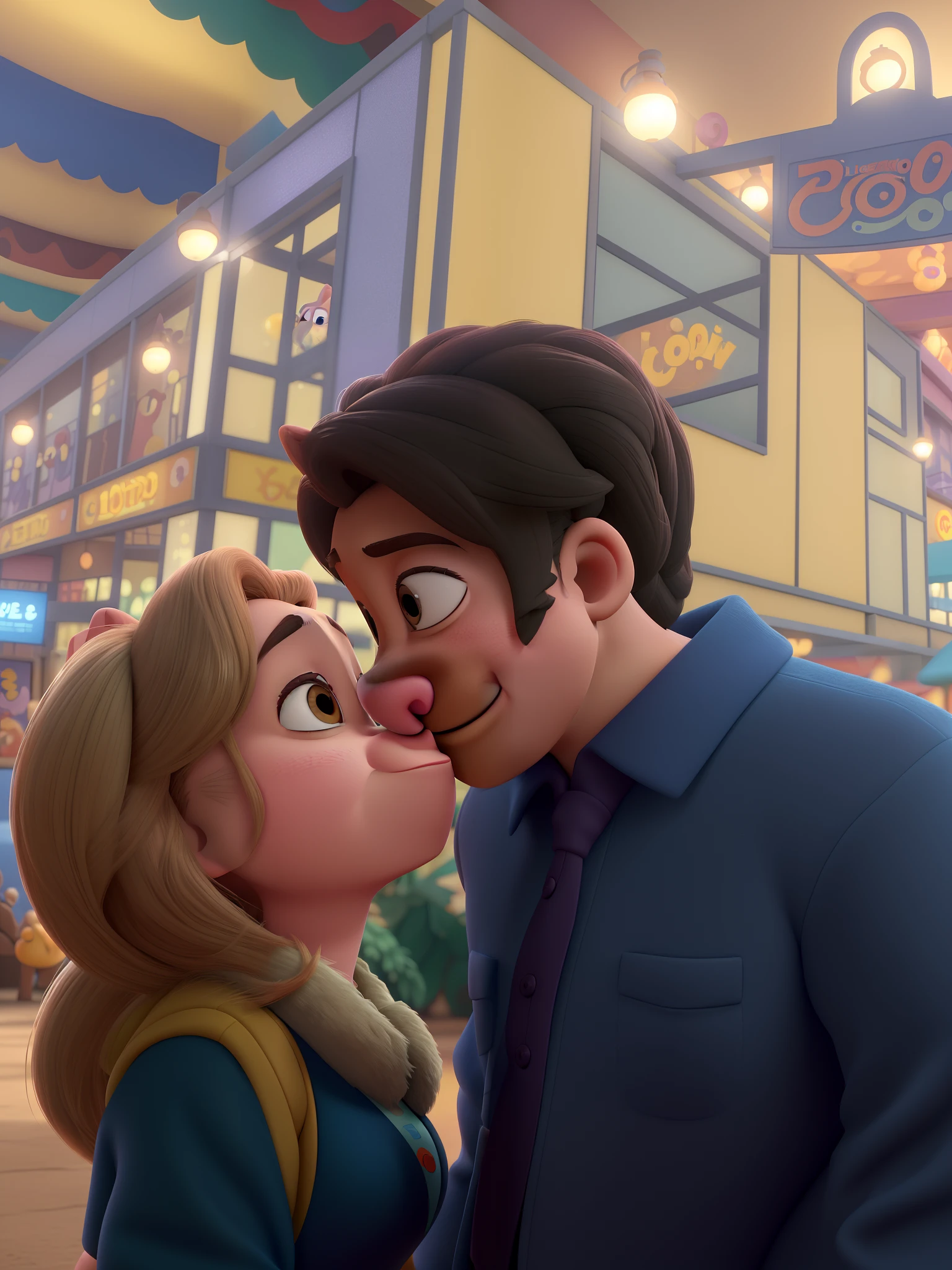 Araffe e uma se beijando em uma loja de brinquedos, tiro de close-up, beijando juntos fofos, animation movie still, Disney Pixar filme ainda, animado ainda, disney render, imagem de perto, beijos juntos, high resolution film still, renderizado em Arnold, em Zootopia City, beijar, animated film, casal se beijando, pixar filme ainda, ! Movie Scene