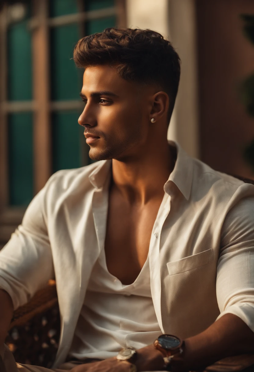 brown man, very realistic, masculine, short hair, summer outfit, sit in a chair