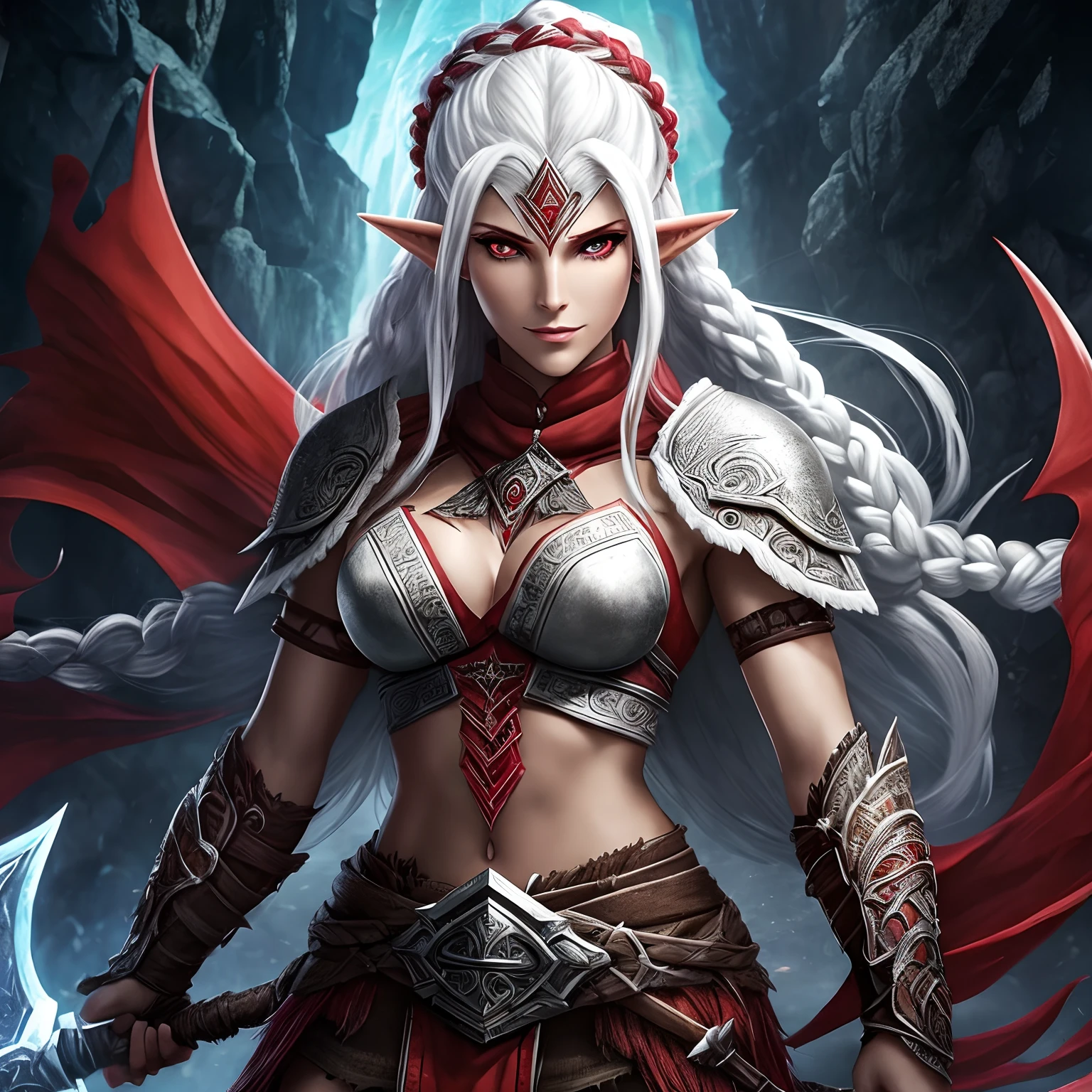Berserker, Female Elf Barbarian, Arte de Fantasia, of his gaze alone enemies beginning to panic, one head, devilish smile, besta do inferno, demonio, White Fire Sky, guerreira, com foice e escudo, lindo, Duendes, Werelion, Long red braided hair, olhos dourados brilhantes, realista, altamente detalhados, Motor irreal, 8k de luxo