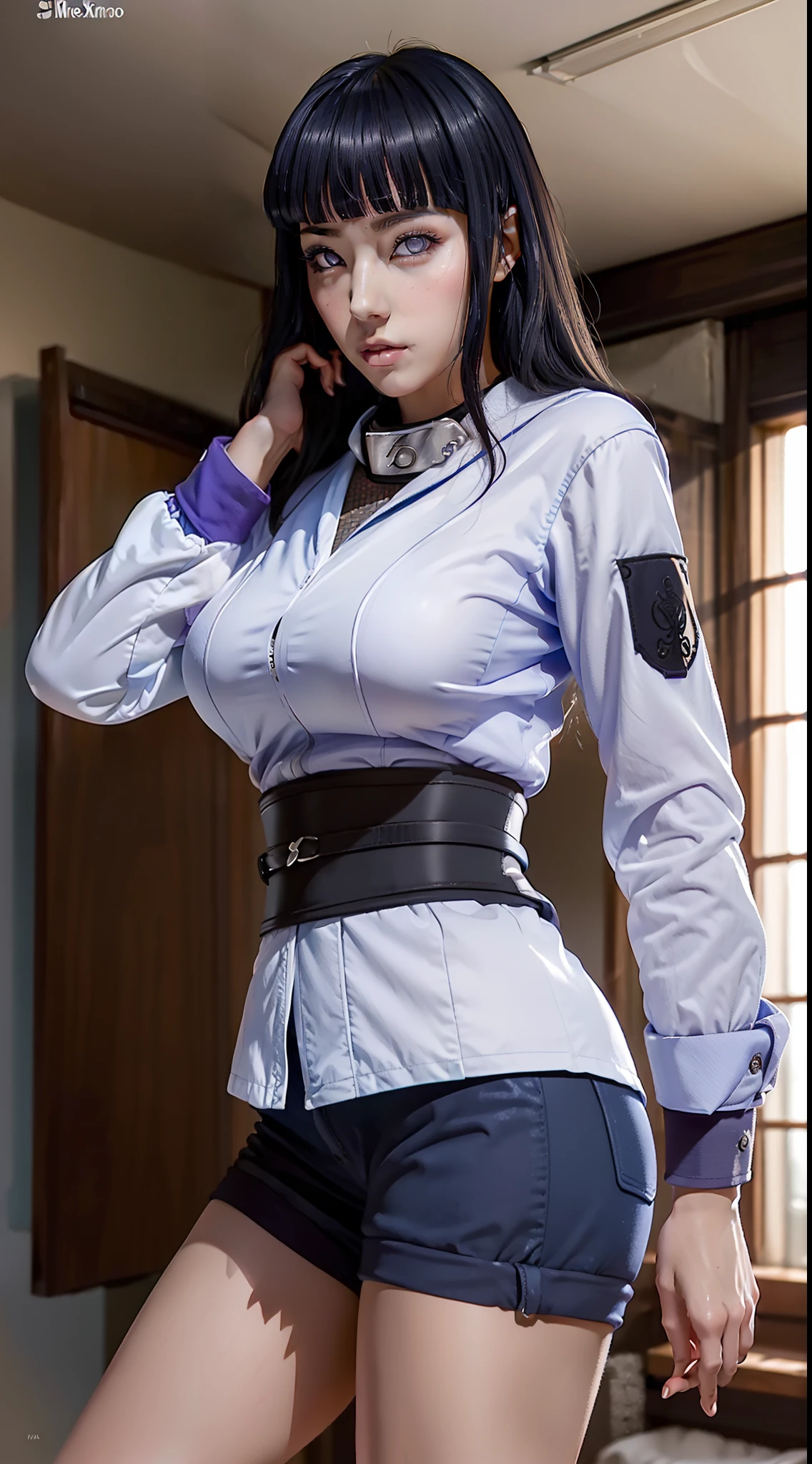 Foto ultrarrealista da sexy Hinata Hyuga, retratado como um alto, Slender and graceful young woman with long dark hair that reaches her waist. Her eyes are pearl-colored, Characteristic of Hyuga clan members. ((Ela tem enorme, seios cheios, seios ultra gigantes que ainda aparecem por fora de suas roupas, (roupa interior de rede de peixe transparente mostrando seios gigantes),  showing, pernas abertas mostrando ela e pelos pubianos)), She has a delicate appearance and gentle expressions.

garments: Hinata geralmente usa um uniforme kunoichi Konoha sexy, consistindo de um colete preto com uma faixa azul, Black shorts, e botas. She also wears an open white jacket showing off her huge, seios longos, sobre o uniforme e as luvas sem dedos.

Personalidade: Hinata is portrayed as a shy and excitable character who is reserved, especialmente em sua juventude. She is known for her kindness and empathy, often selflessly sympathetic and concerned about others. Ao longo do tempo, She gains more confidence and determination, especialmente depois de ser inspirado por Naruto Uzumaki,

Habilidades Ninja: Hinata specializes in hand-to-hand combat techniques, using the fighting style of the Hyuga clan, which relies on precise attacks and the use of the Byakugan to identify pressure points on the opponent's body.
