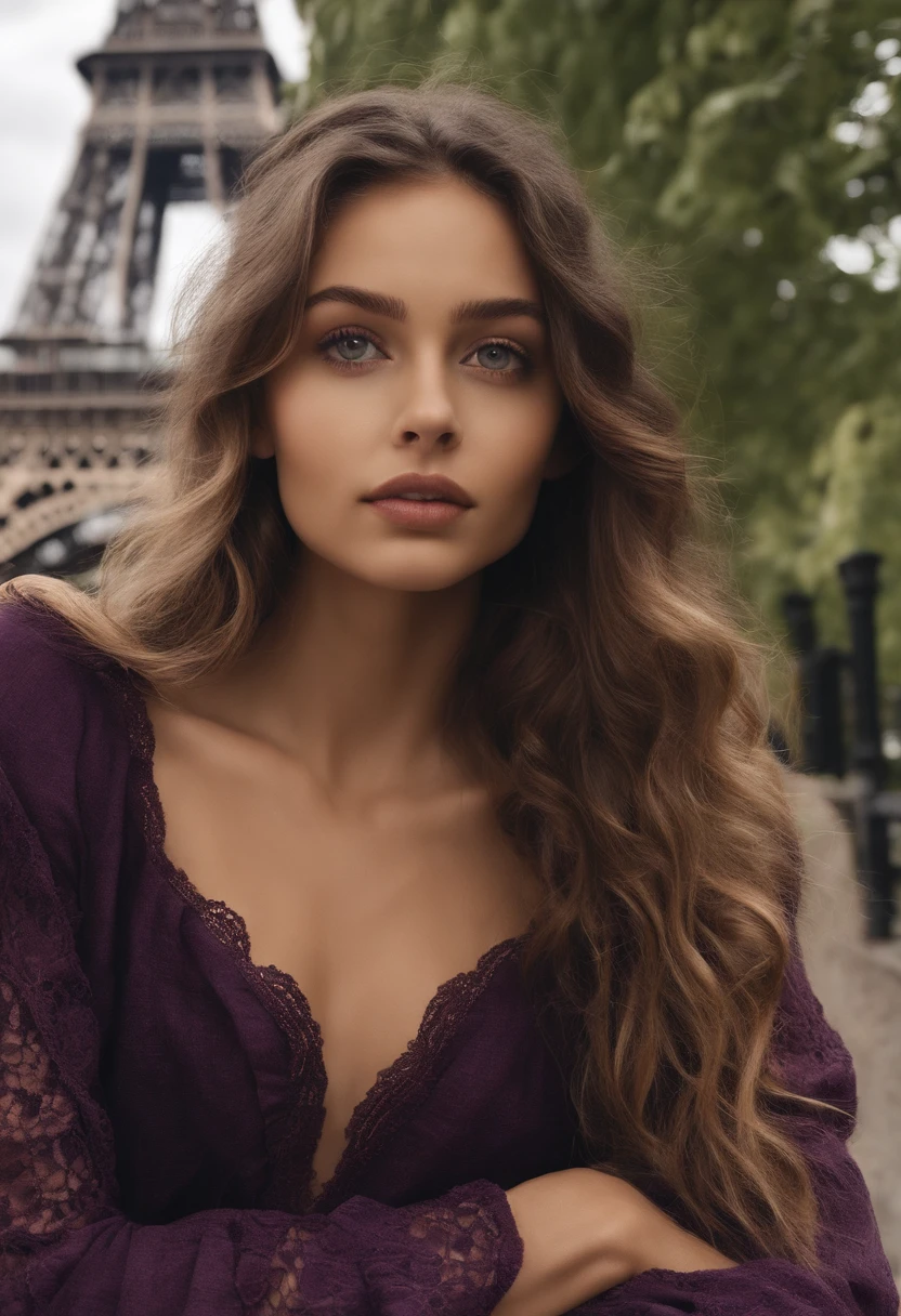 Arafed Woman with Bohemian Clothes, fille aux yeux bruns, Portrait Sophie Mudd, Long, curly, messy brown hair and big eyes, selfie of a young woman, Yeux de chambre, Violet Myers, sans maquillage, maquillage naturel, looking straight at camera, Visage avec Artgram, Maquillage subtil, Superbe photo du corps entier, devant la Tour Eiffel, It's elegant, Petit clivage