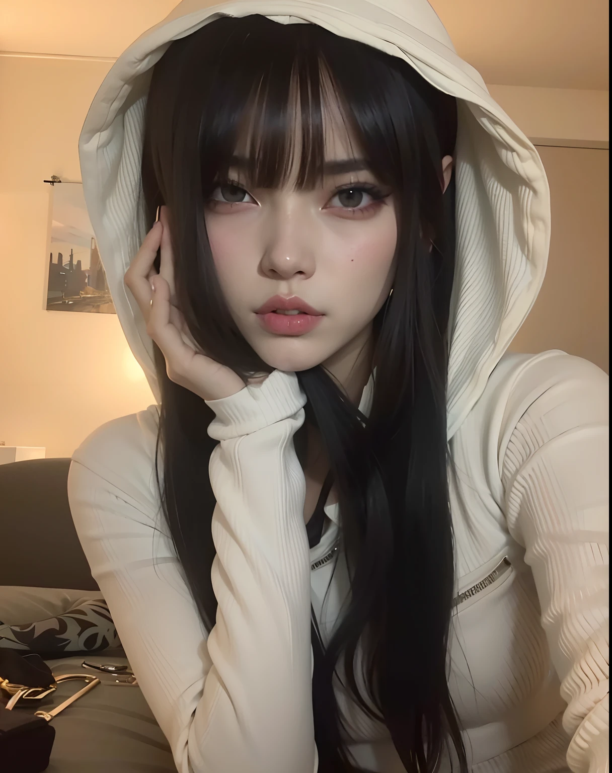 mulher arafed com cabelo preto longo usando um capuz branco, Arte no estilo de Guweiz, Menina anime na vida real, Ulzzang, cruel korean goth girl, Garota de anime cyberpunk com capuz, kawaii retrato realista, Estilo anime 3D realista, arte de anime realista, cara ahegao, estilo realismo anime, anime semi realista