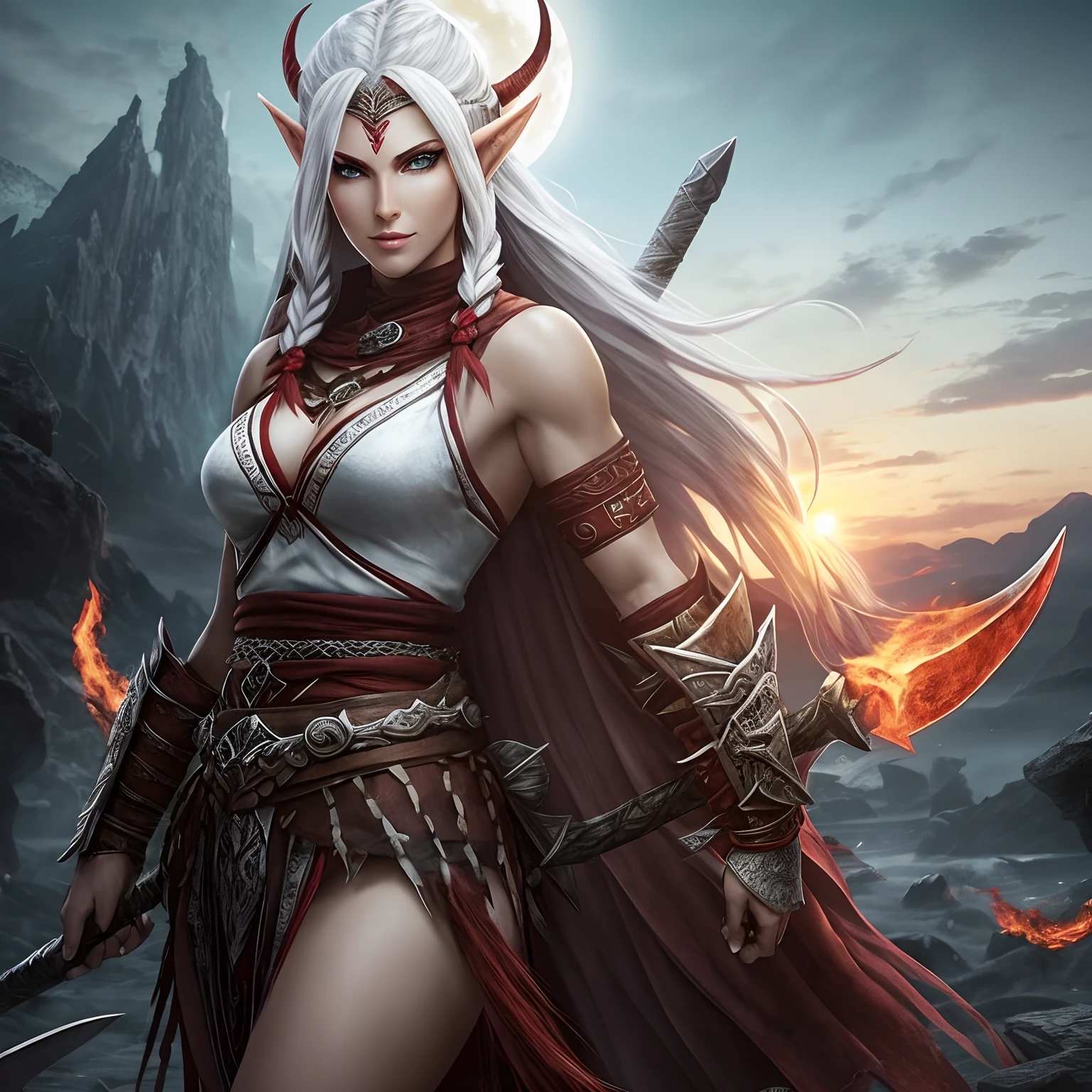 Berserker, Barbarian female orc, Arte de Fantasia, of his gaze alone enemies beginning to panic, one head, devilish smile, besta do inferno, demonio, White Fire Sky, guerreira, com foice e escudo, lindo, Female orcs, Werelion, Long red braided hair, olhos dourados brilhantes, realista, altamente detalhados, Motor irreal, 8k de luxo