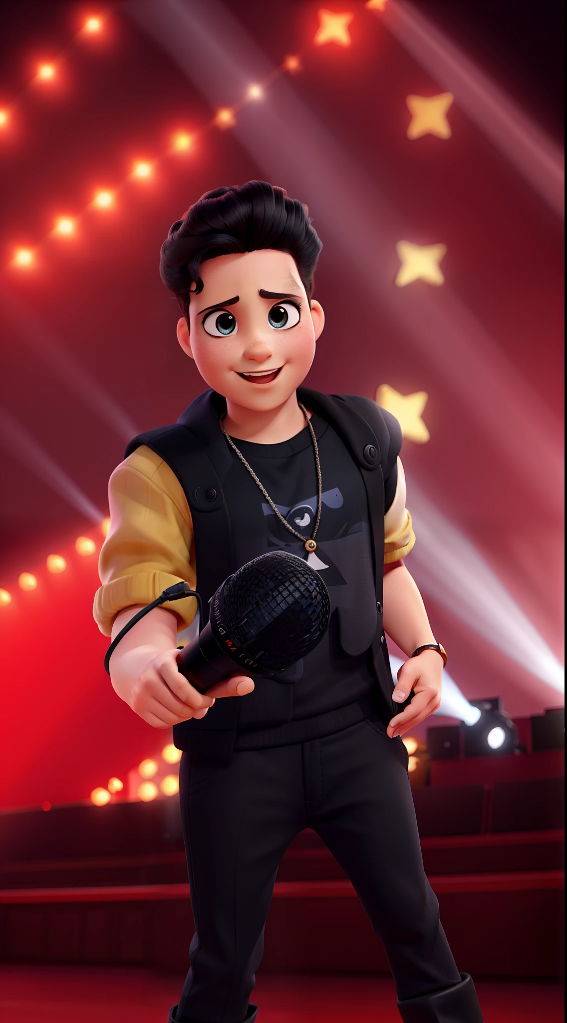 A young singer in black outfit and microphone in hand at a concert, olhos castanhos claro, hair combed back, Pixar Style Poster