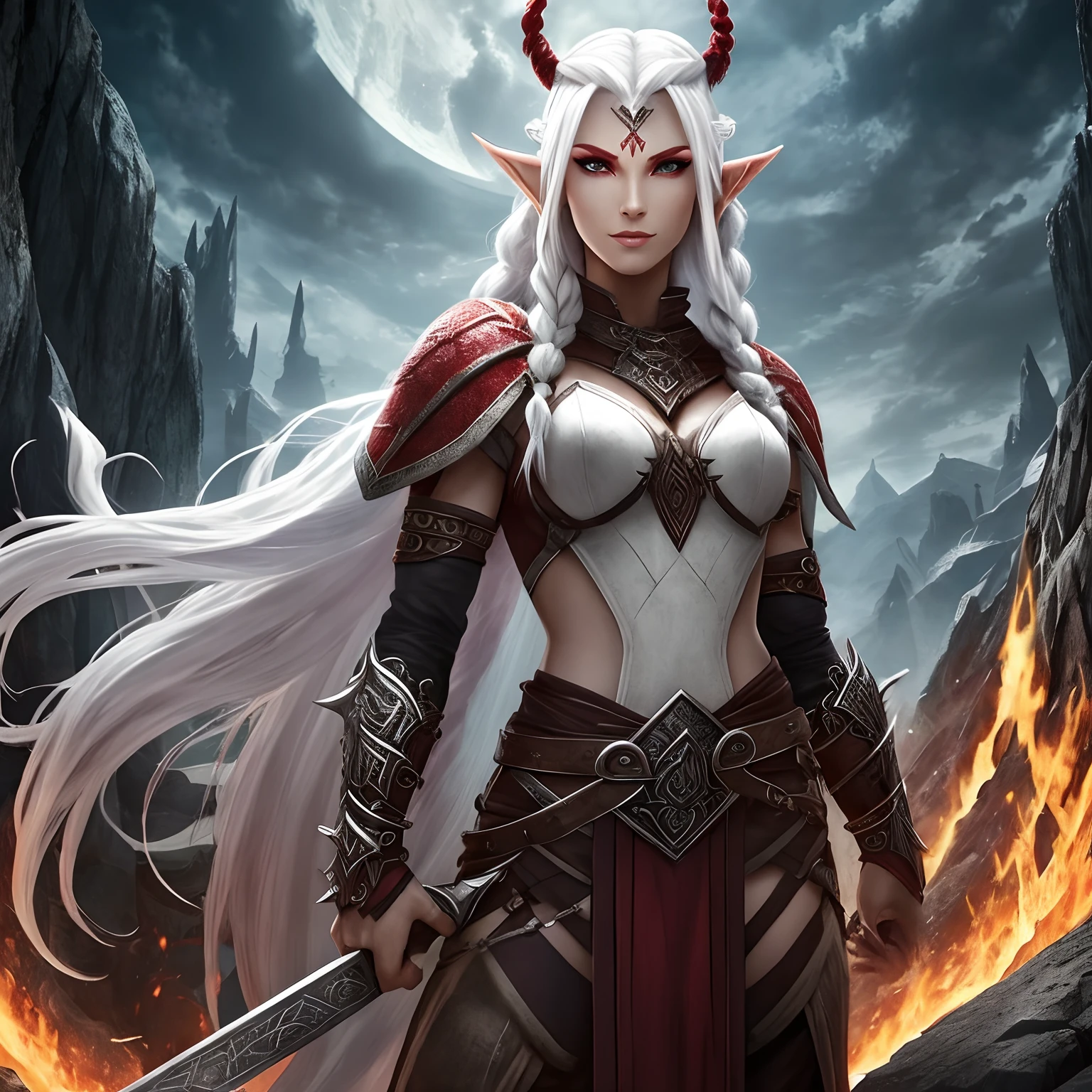 Berserker, Female Elf Barbarian, Arte de Fantasia, of his gaze alone enemies beginning to panic, one head, devilish smile, besta do inferno, demonio, White Fire Sky, guerreira, com foice e escudo, lindo, Duendes, Werelion, Long red braided hair, olhos dourados brilhantes, realista, altamente detalhados, Motor irreal, 8k de luxo