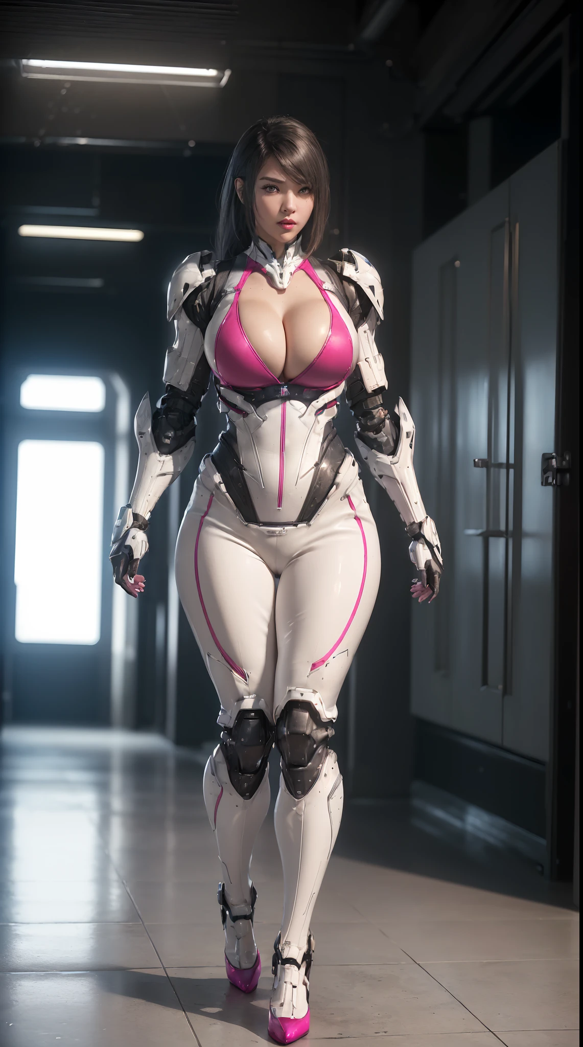 (1GIRL,SOLO:2), ((BIG BUTTOCKS, HUGE FAKE BREASTS:1.5)), (CLEAVAGE TOP:1.5), (MUSCLE ABS FEMALE:1.4), (MECHA GUARD ARMS,MECHA GLOVE:1.4), ((WEAR MAGENTA WHITE OVERWATCH MECHANICAL ARMORED CROPTOP, BLACK MECHANICAL SKINTIGHT SUIT PANTS, MECHA GUARD ARMOR LEGS, HIGH HEELS:1.5)), (MUSCULAR BODY:1.3), (GLOSSY SKIN:0.8), (SEXY LONG LEGS, FULL BODY:1.1), (PORTRAIT,LOOKING AT VIEWER:1.3), (female focus:0.886), (WALKING DOWN HALLWAY OF FUTURISTIC SPACE STATION:1), (BRIGHT LIGHT WHITE_ROOM:1.3), SUPER TEXTURE, UNREAL ENGINE RENDER, PHYSICALLY-BASED RENDERING, ULTRA HIGHT DEFINITION, 16K, 1080P.