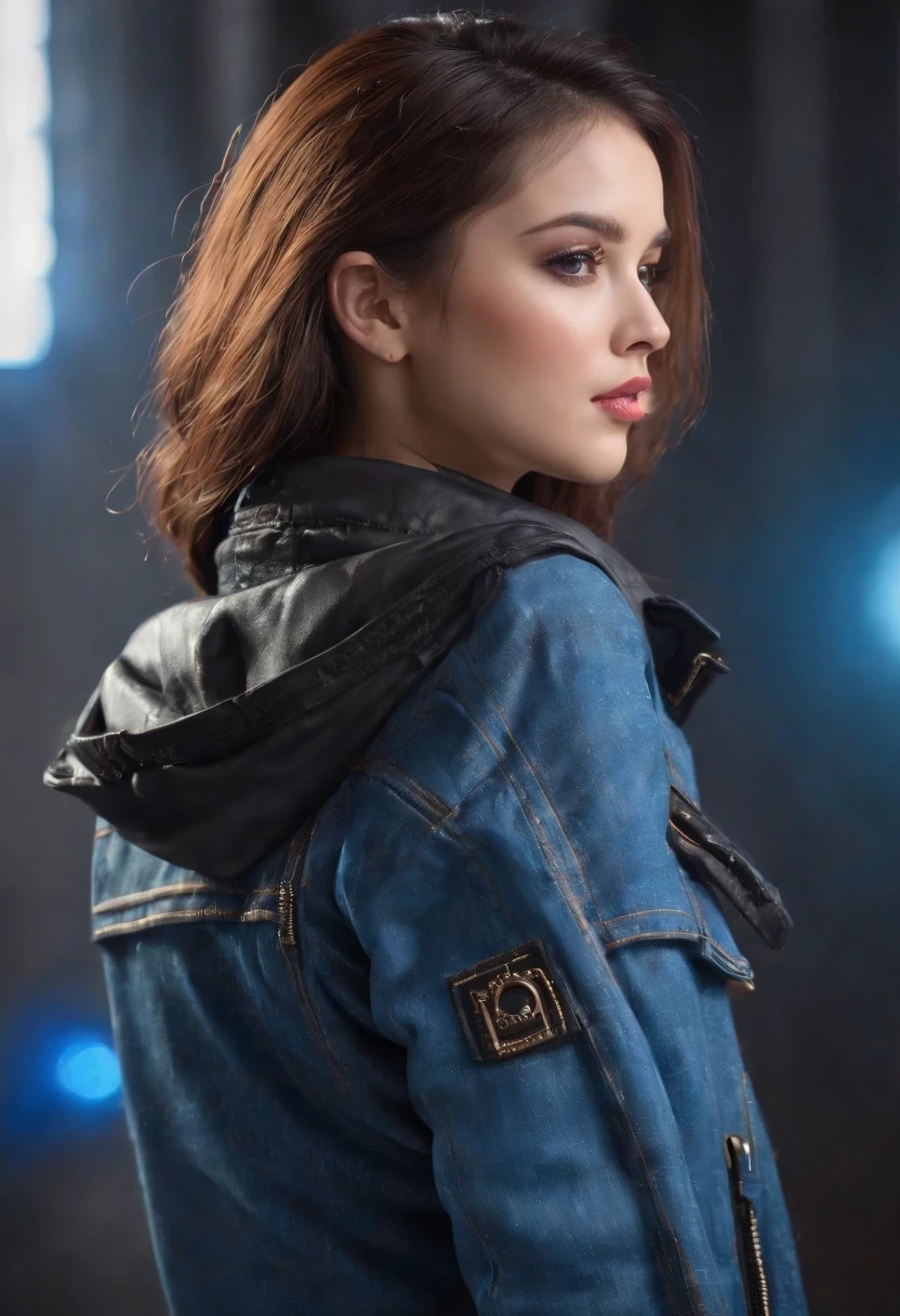 1girl, (((wanita arafed berjaket biru, lengan pendek putih))), (beha hitam), (celana jeans pendek hitam ketat), berpose untuk berfoto, memakai jaket bomber, kualitas terbaik, gadis cantik dengan detail, payudara sedang, tersenyum, mata dan wajah yang sangat detail, mata dan wajah yang sangat detail, ukuran file yang besar, resolusi tinggi, wallpaper 8k, bagus detail, wallpaper 8k seragam ticker yang sangat detail, cahaya di wajah, pencahayaan film, gadis berusia 20 tahun, pose seksi, (Fotorealisme: 1.4), ilustrasi, detail super, ((latar belakang kota cyberpunk)),