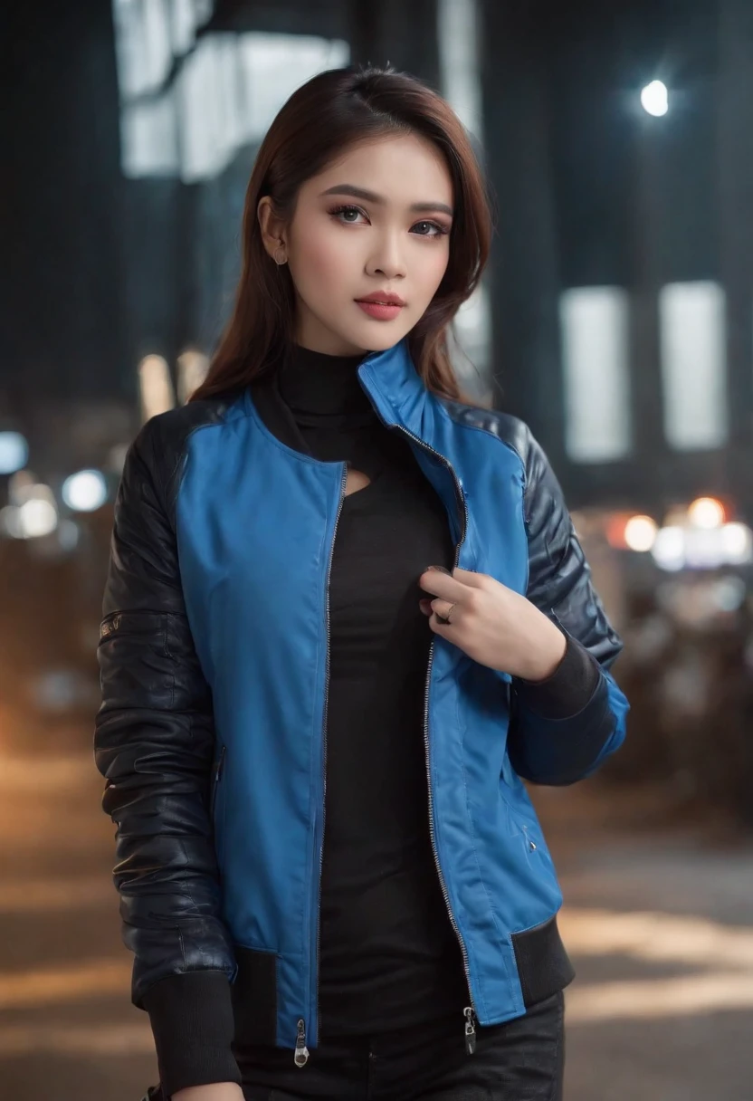 1girl, (((wanita arafed berjaket biru, lengan pendek putih))), (beha hitam), (celana jeans pendek hitam ketat), berpose untuk berfoto, memakai jaket bomber, kualitas terbaik, gadis cantik dengan detail, payudara sedang, tersenyum, mata dan wajah yang sangat detail, mata dan wajah yang sangat detail, ukuran file yang besar, resolusi tinggi, wallpaper 8k, bagus detail, wallpaper 8k seragam ticker yang sangat detail, cahaya di wajah, pencahayaan film, gadis berusia 20 tahun, pose seksi, (Fotorealisme: 1.4), ilustrasi, detail super, ((latar belakang kota cyberpunk)),