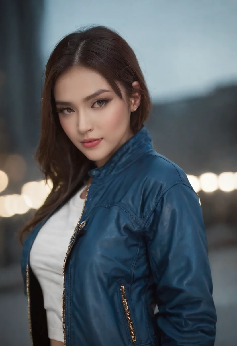 1girl, (((wanita arafed berjaket biru, lengan pendek putih))), (beha hitam), (celana jeans pendek hitam ketat), berpose untuk berfoto, memakai jaket bomber, kualitas terbaik, gadis cantik dengan detail, payudara sedang, tersenyum, mata dan wajah yang sangat detail, mata dan wajah yang sangat detail, ukuran file yang besar, resolusi tinggi, wallpaper 8k, bagus detail, wallpaper 8k seragam ticker yang sangat detail, cahaya di wajah, pencahayaan film, gadis berusia 20 tahun, pose seksi, (Fotorealisme: 1.4), ilustrasi, detail super, ((latar belakang kota cyberpunk)),