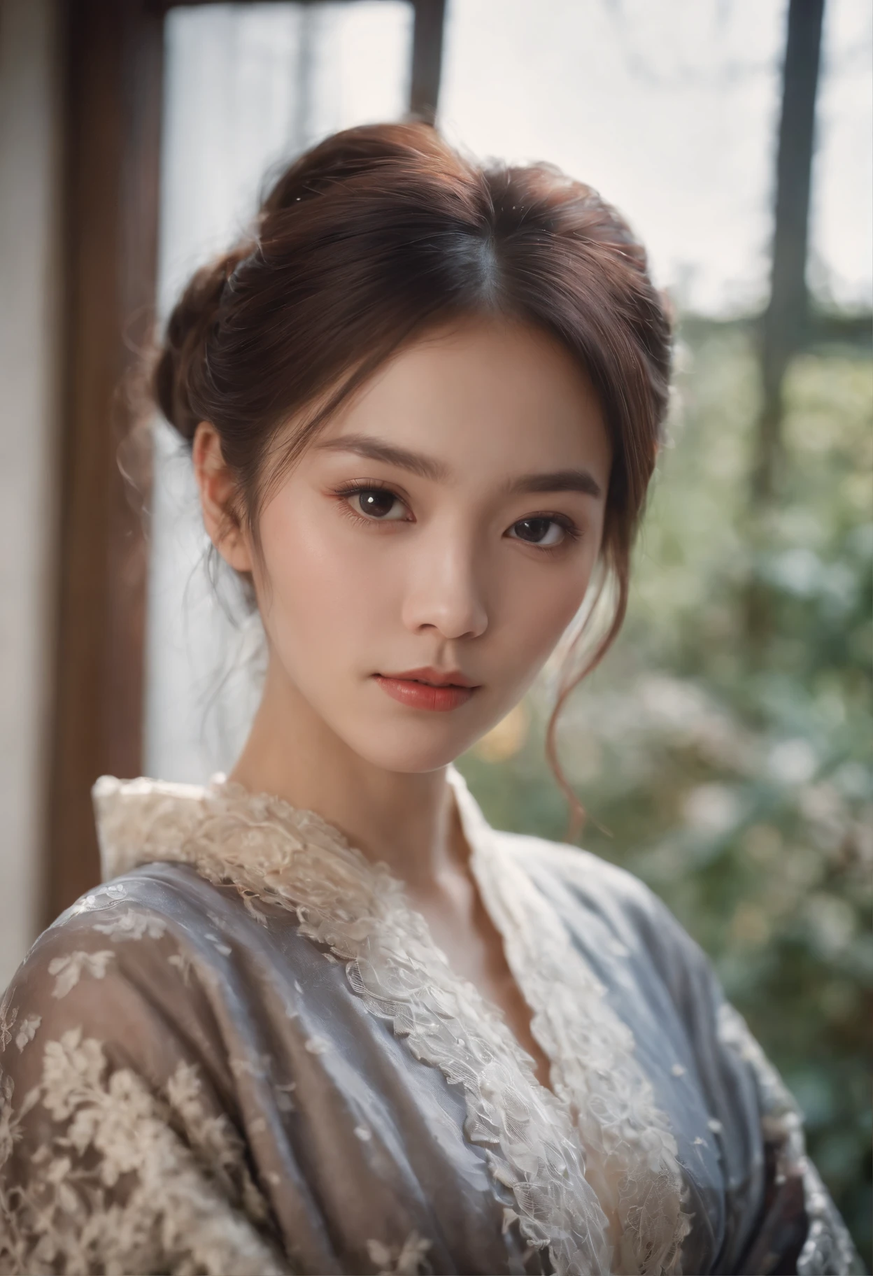 Realistic portrait, Official Art, Unity 8k wallpaper, super detailed, beautiful, beautiful Asian girl, focused on detailed face, has a little to no darkspots, wearing black clothing, facing camera and looking at camera, 3/4 angle, masterpiece, best quality, dark, atmospheric, mystical, romantic, creepy, literature, art, fashion, show era, decoration, intricacies, fur products, lace, contemplation, emotional depth, supernatural, kimono 1girl, solo, neck, bust composition, Realistic, bokeh, lens_flare,Natural light,portrait,Grey Film filter,(KODAK Ektar 100:1.2)