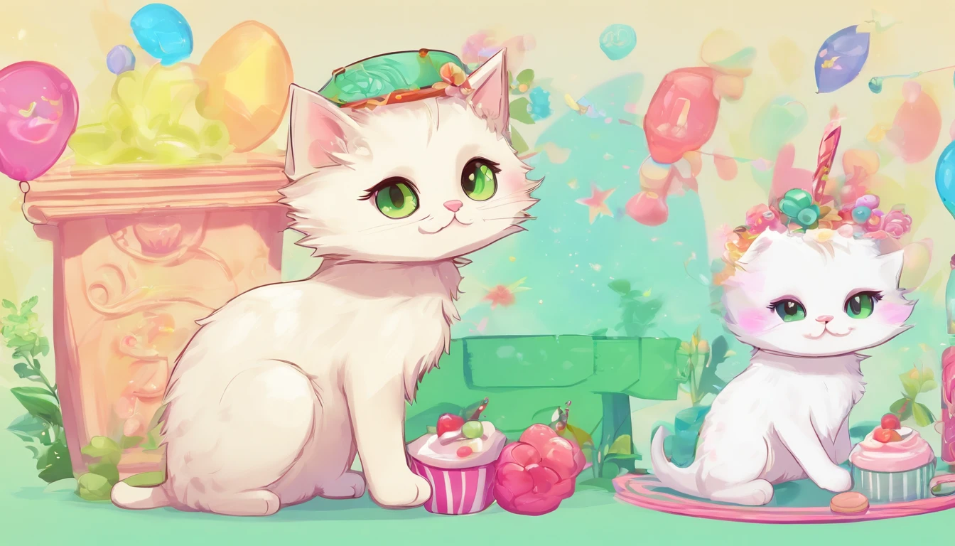 White Longhair cat with green ice with cute illustrations. Being at a party