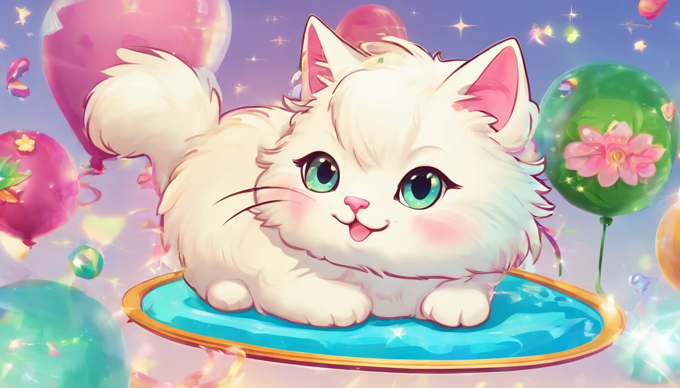 White Longhair cat with green ice with cute illustrations. Being at a party