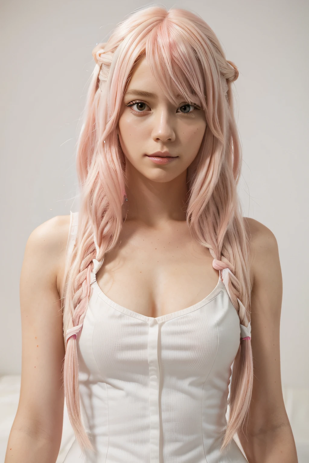 White hair, two pigtails, pink pigtails, black and white pink clothes, white teddy bear handle, pastel skin