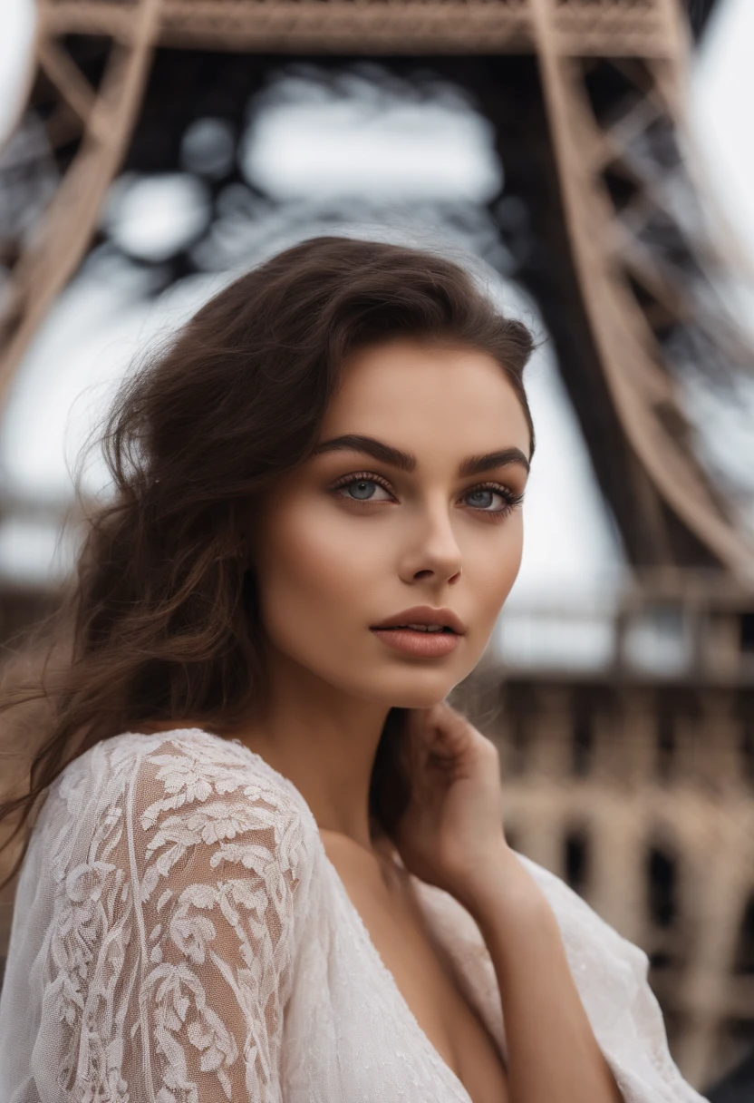 Arafed woman completely , Devant la Tour Eiffel, avec un manteau de fourrure, Fille ultra sexy aux yeux bruns, ultra realist, Meticulously detailed, Portrait Sophie Mudd, cheveux bruns et grands yeux, selfie of a young woman, Camera eyes, Violet Myers, pas de maquillage, Maquillage naturel, Look directly into the camera, Visage avec Artgram, Maquillage subtil, Great photo of the whole body kneeling on the bed, Dans la chambre, Median to large bust