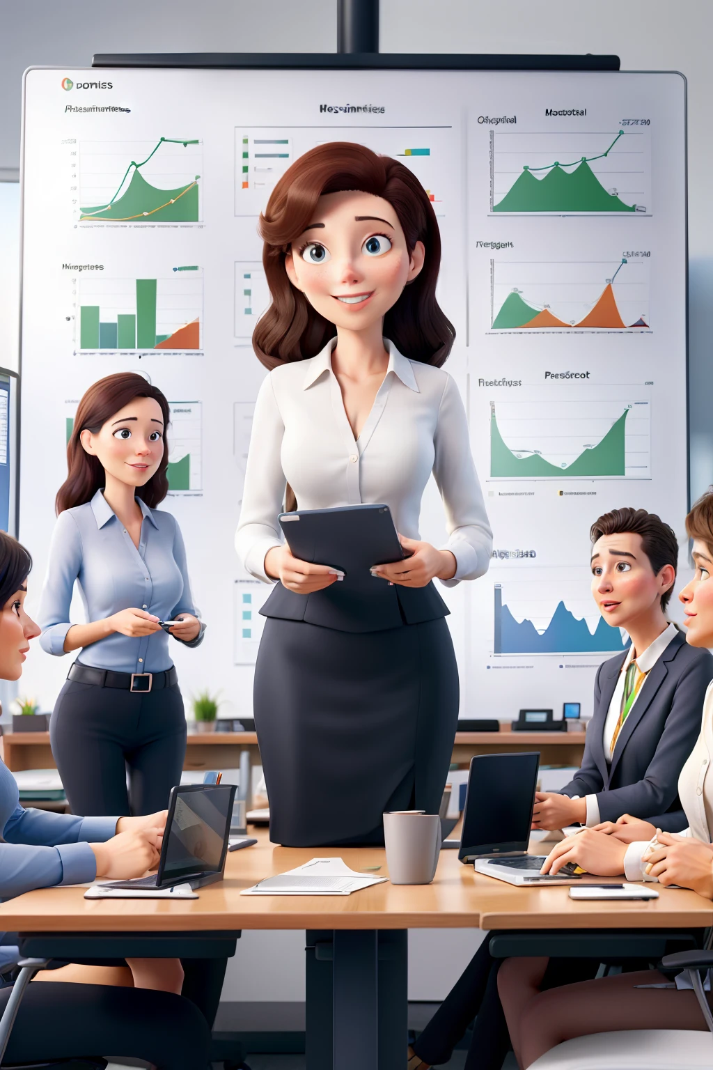 obra-prima, melhor qualidade, Miscellaneous office meeting conference room: Successful White Woman CEO Presents E-Commerce Fintech Growth Statistics to a Group of Investors. Whiteboard with Big Data Analytics