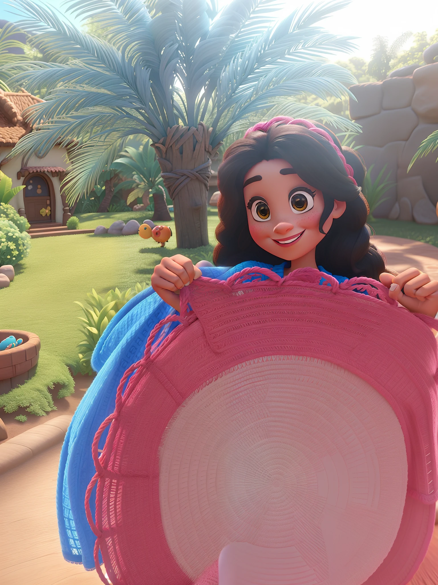 Disney-inspired 3D poster/ pixar capturando uma cena com uma mulher morena pele media, sorrindo, just like the photo with her crochet rug in her hands