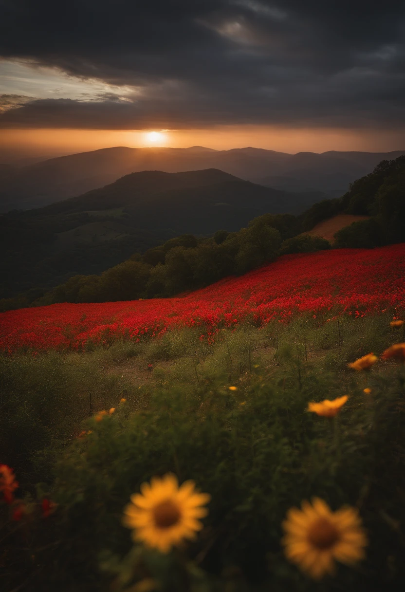 Pomodoro na natureza das montanhas fundo profundidade de campo rasa, Cinematic light, luz suave, retroiluminado, micro-detalhes, fotorrealismo, fotorrealista, cinemactic, 85mm 1.4