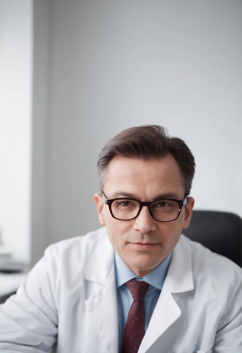 Um homem distinto de 45 anos com cabelo de sal e pimenta, Wearing white coat and glasses, Sit at your desk in your office. Em cima da mesa, There are stacks of medical records and a computer, as he looks directly into the camera with a confident gaze.