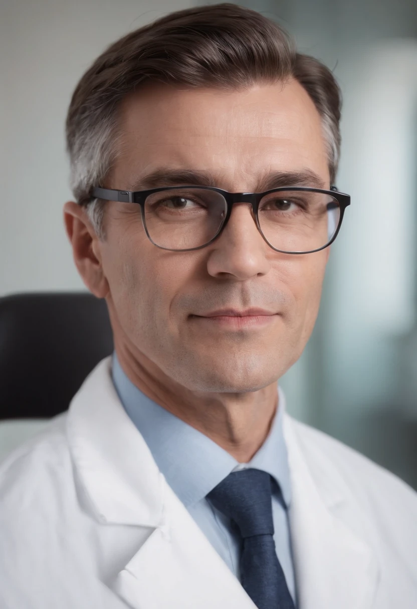 Um homem distinto de 45 anos com cabelo de sal e pimenta, Wearing white coat and glasses, Sit at your desk in your office. Em cima da mesa, There are stacks of medical records and a computer, as he looks directly into the camera with a confident gaze.