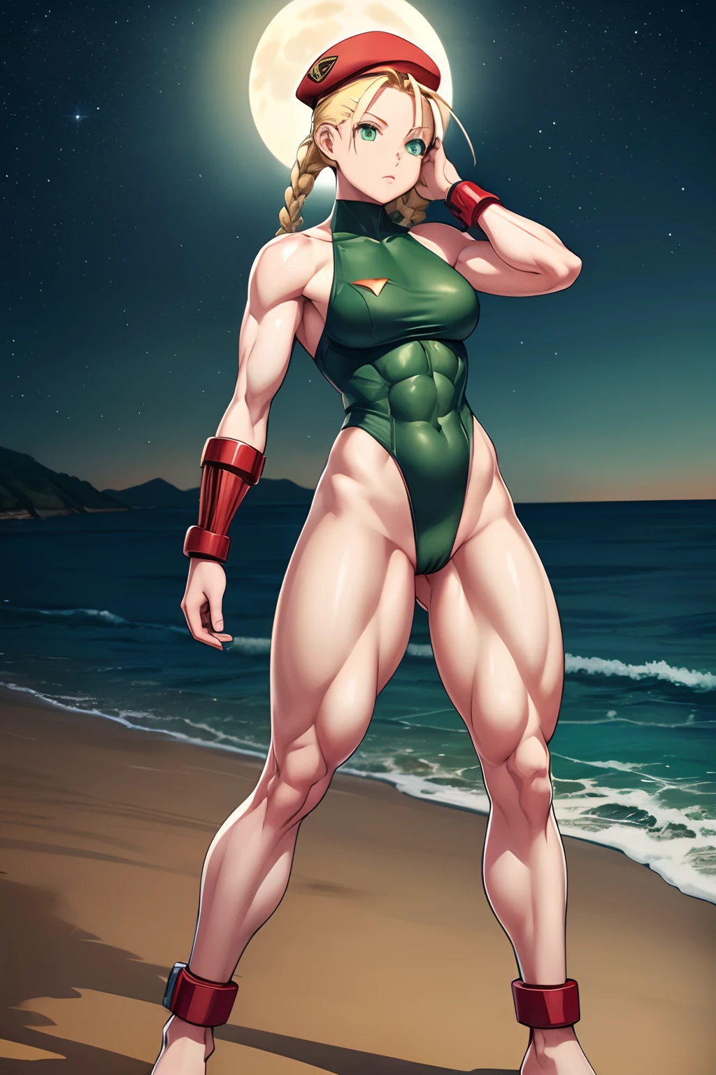 1 girl like SF6CW, white Cammy with perfect body, (((green eyes))), beautiful, toned body: 1.2, camo, green leotard, red beret, braided hair, blonde, standing, thighs (((muscular)) ), (muscular belly), bare feet, small feet, full body, 8k, very detailed scene, (((on the beach at night with starry sky and full moon))), very thin waist, very clear photo, very detailed scene , (((camera showing the body from head to toe)))