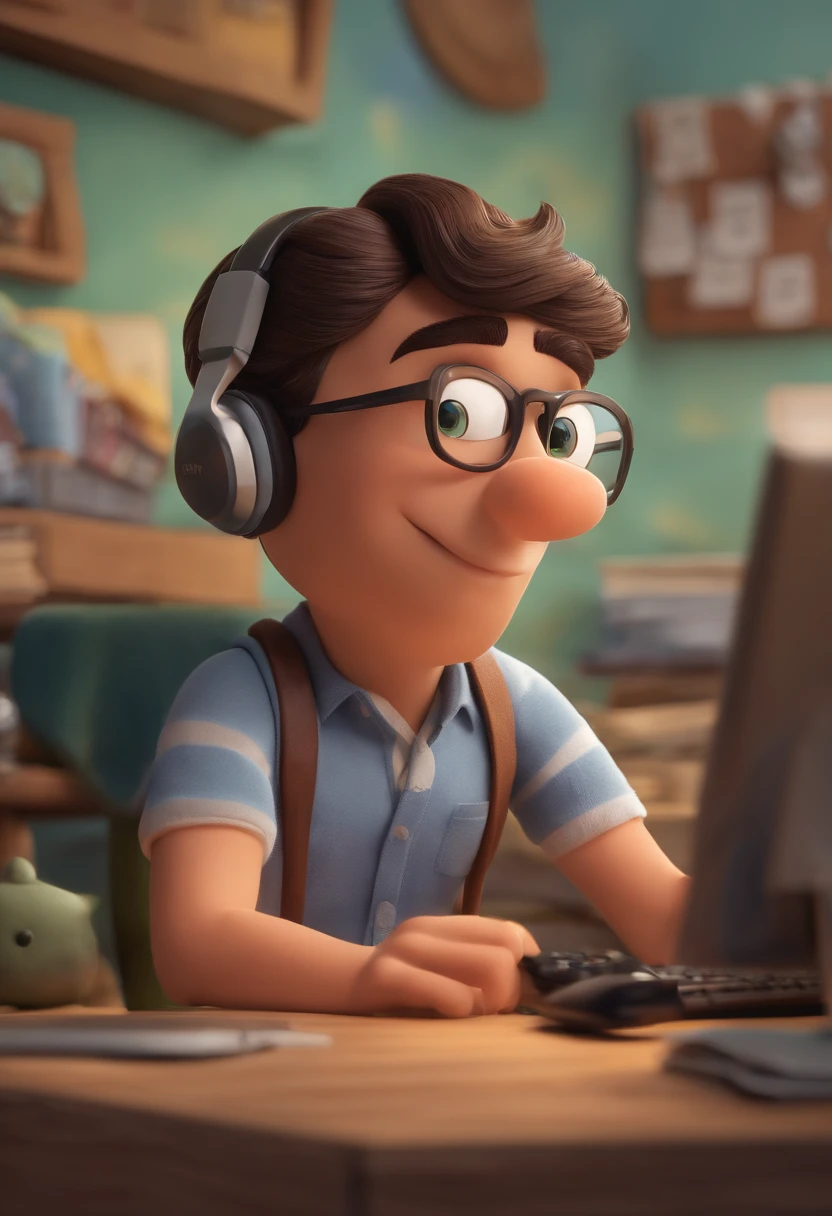 um homem, olhos castanhos, com fones de ouvido, An accounting office in the background, segurando uma calculadora, careca, With eye Glasses, Imagem no estilo Pixar, Estilo de filme animado 3D, Disney, camiseta preta