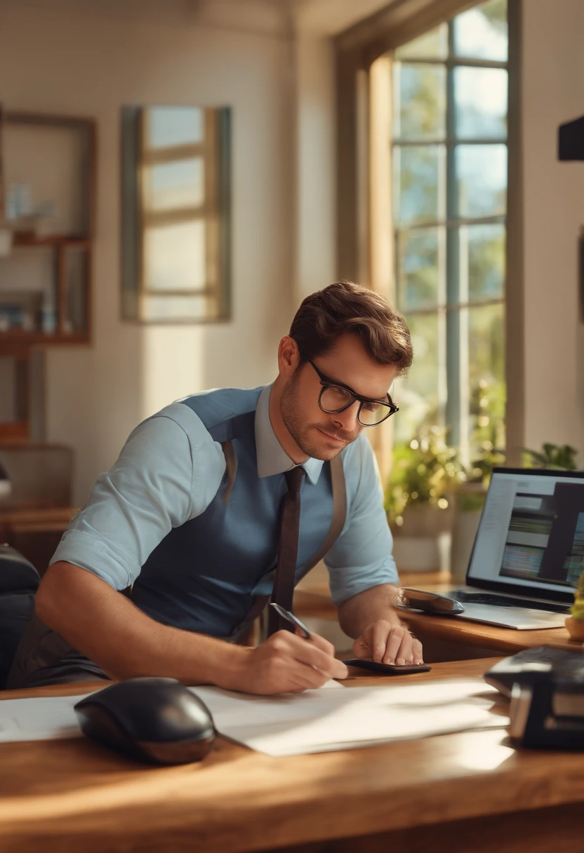 um homem, olhos castanhos, com fones de ouvido, An accounting office in the background, segurando uma calculadora, careca, With eye Glasses, Imagem no estilo Pixar, Estilo de filme animado 3D, Disney, camiseta preta