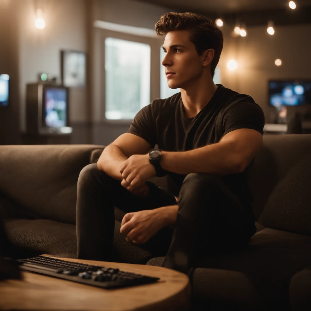 There's a young man with a handsome face and straight brown hair and brown eyes in a gamer room, a thoughtful, thoughtful expression on a pretty face, comprido e quadrado, dressed in a simple black shirt and black military cargo style pants. Disney, poste disney, Pixar, post pixar.