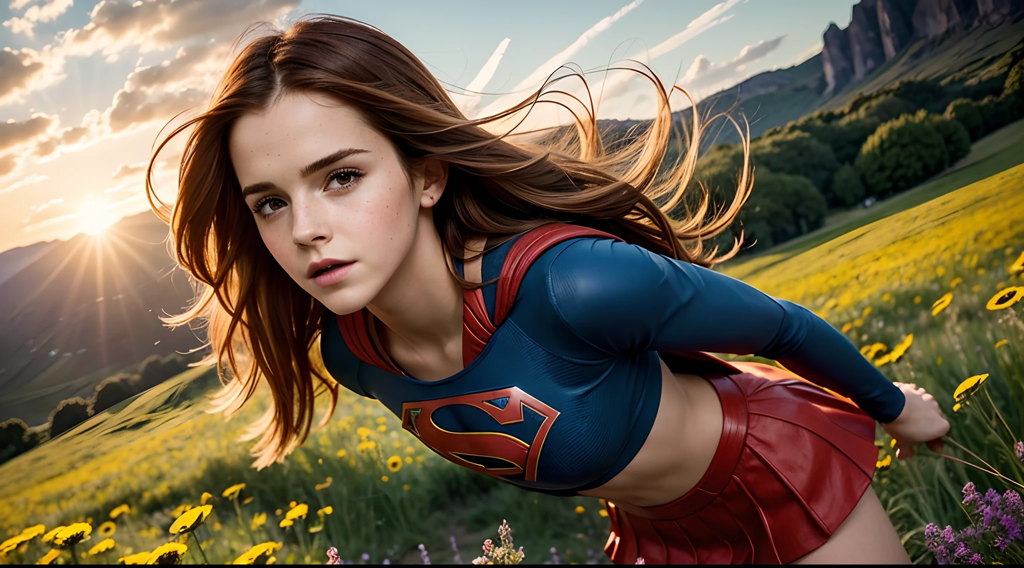 Emma Watson on a vibrant sunny meadow, in a Supergirl costume, standing confidently with her hands on her hips. She has beautiful detailed eyes and lips, with long eyelashes. Her expression is fierce and determined. The meadow is filled with colorful wildflowers, adding to the enchanting atmosphere. The image has the best quality, with ultra-detailed and realistic features. The artist used vivid colors and sharp focus to create an eye-catching masterpiece. The overall color tone is vibrant and lively, with a warm and sunny feel. The lighting is soft and natural, accentuating Emma's features and the surrounding environment.