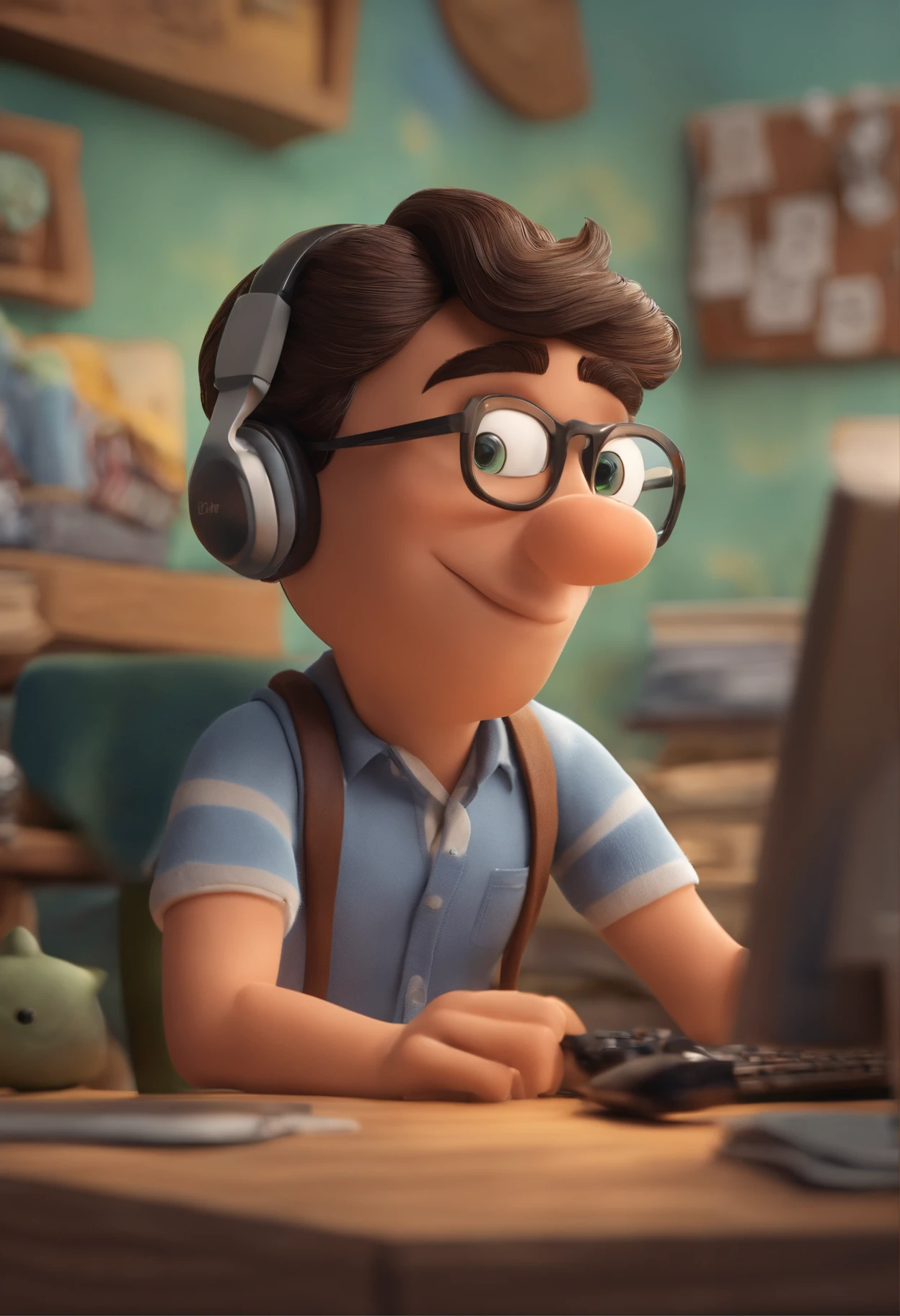 um homem, olhos castanhos, com fones de ouvido, An accounting office in the background, segurando uma calculadora, careca, With eye Glasses, Imagem no estilo Pixar, Estilo de filme animado 3D, Disney, camiseta preta