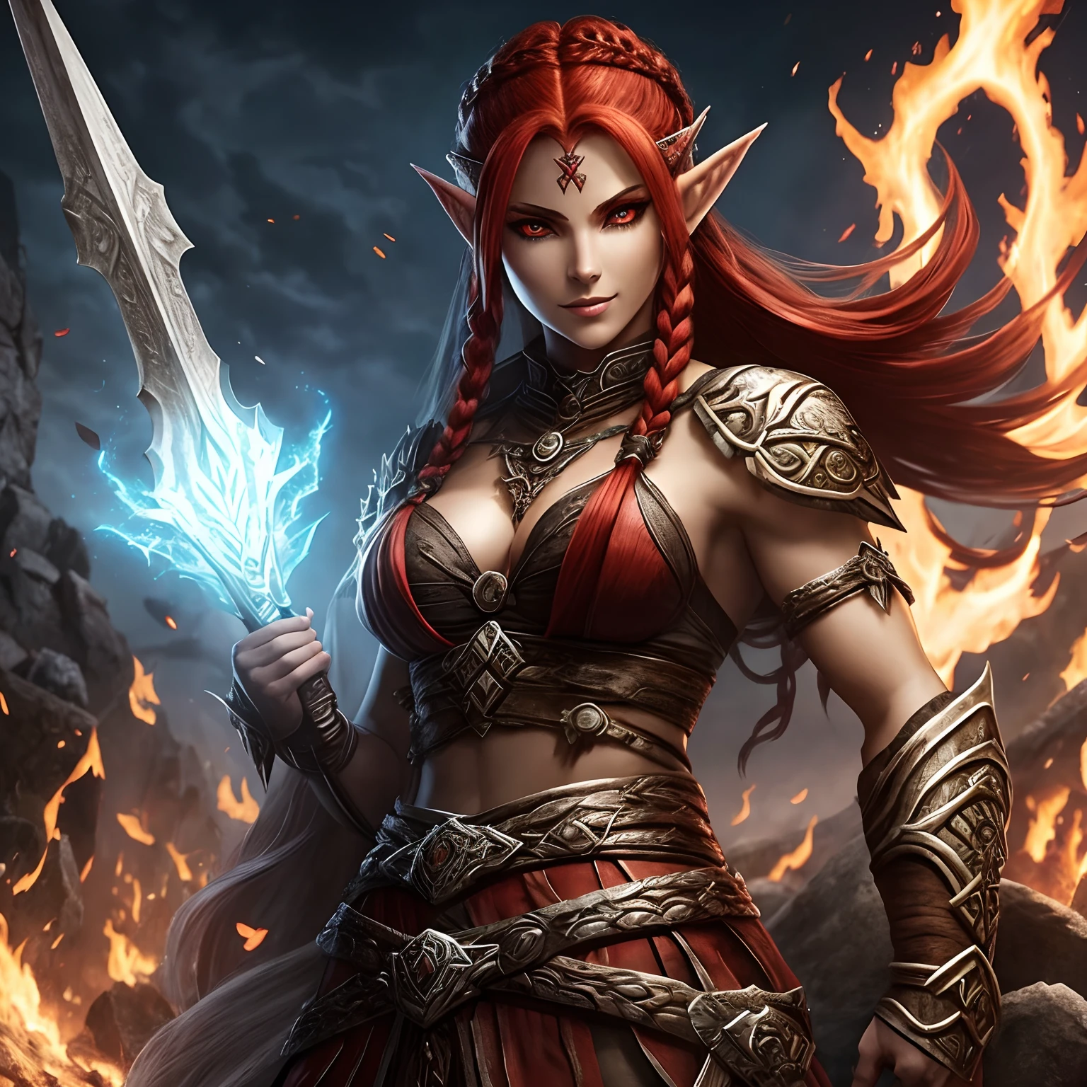 Berserker, Barbarian Female Elf, Arte de Fantasia, of his gaze alone enemies beginning to panic, one head, devilish smile, besta do inferno, demonio, White Fire Sky, guerreira, com foice e escudo, lindo, Goblins, Werelion, Long red braided hair, olhos dourados brilhantes, realista, altamente detalhados, Motor irreal, 8k de luxo
