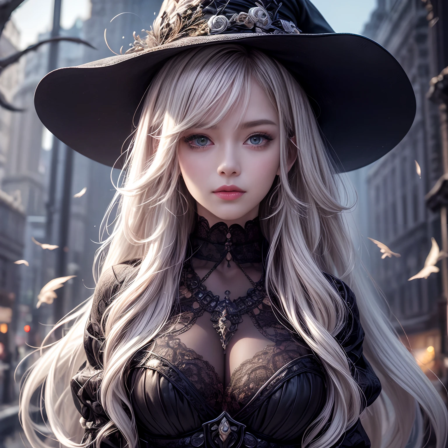 (best quality,highres,masterpiece:1.2),ultra-detailed,realistic:1.37,portrait,canvas,painting,studio lighting,sharp focus,vivid colors,bokeh,lively brushstrokes,texture details,subtle shading,impeccable proportions,meticulously crafted,flawless execution,emotive colors,expressive faces,natural skin tones,delicate lighting,sublime composition,intricate details,glorious atmosphere,evocative,impressive depth,sublime craftsmanship,subtle nuances,timeless beauty,radiant glow,dramatic contrasts,mesmerizing textures,impressionistic scenery,brilliant palette,emotional impact,haunting,fine art,exquisite finesse,transcendent elegance,awe-inspiring,Psychic circle,1girll,Spooky Grin,pale white face,Jack-o'-lantern in hand,Worn-out witch hat,Skull skeleton pattern costume,Countless jack-o-lanterns,Bare trees,Flying swarm of bats,Eerie moonlight
