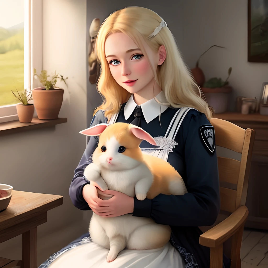 Blonde Frau mit einem weissen und einem braunen Kaninchen
