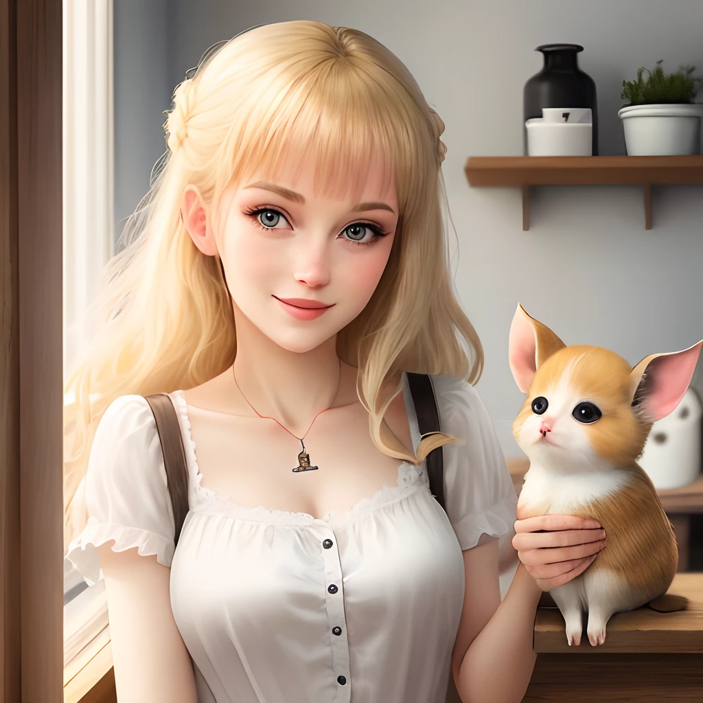 Blonde Frau mit einem weissen und einem braunen Kaninchen