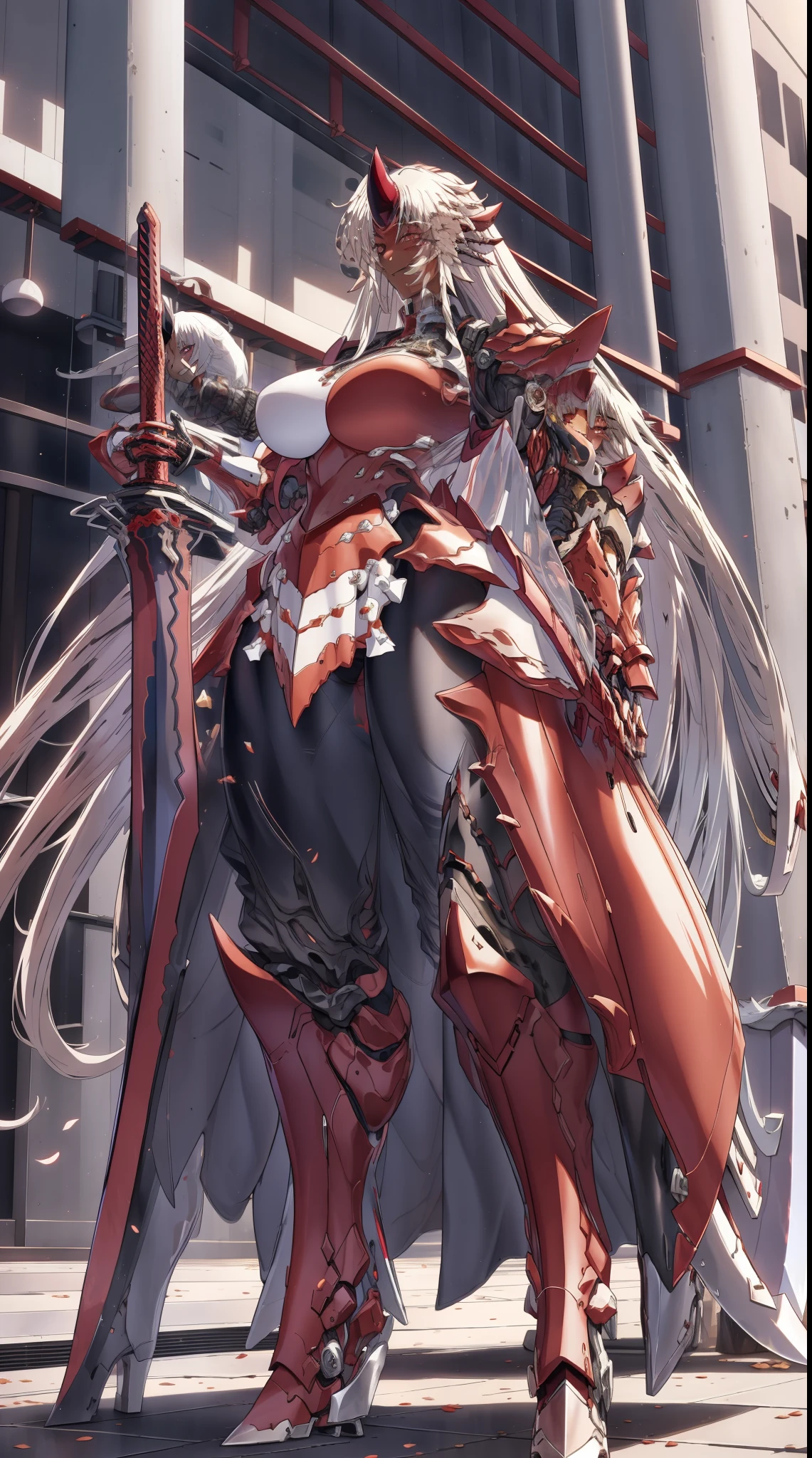 single horn very long hair tall female red eyes dark skinned female, standing, armor, boots, sword holding, joyfull, big smile,full armor, full body