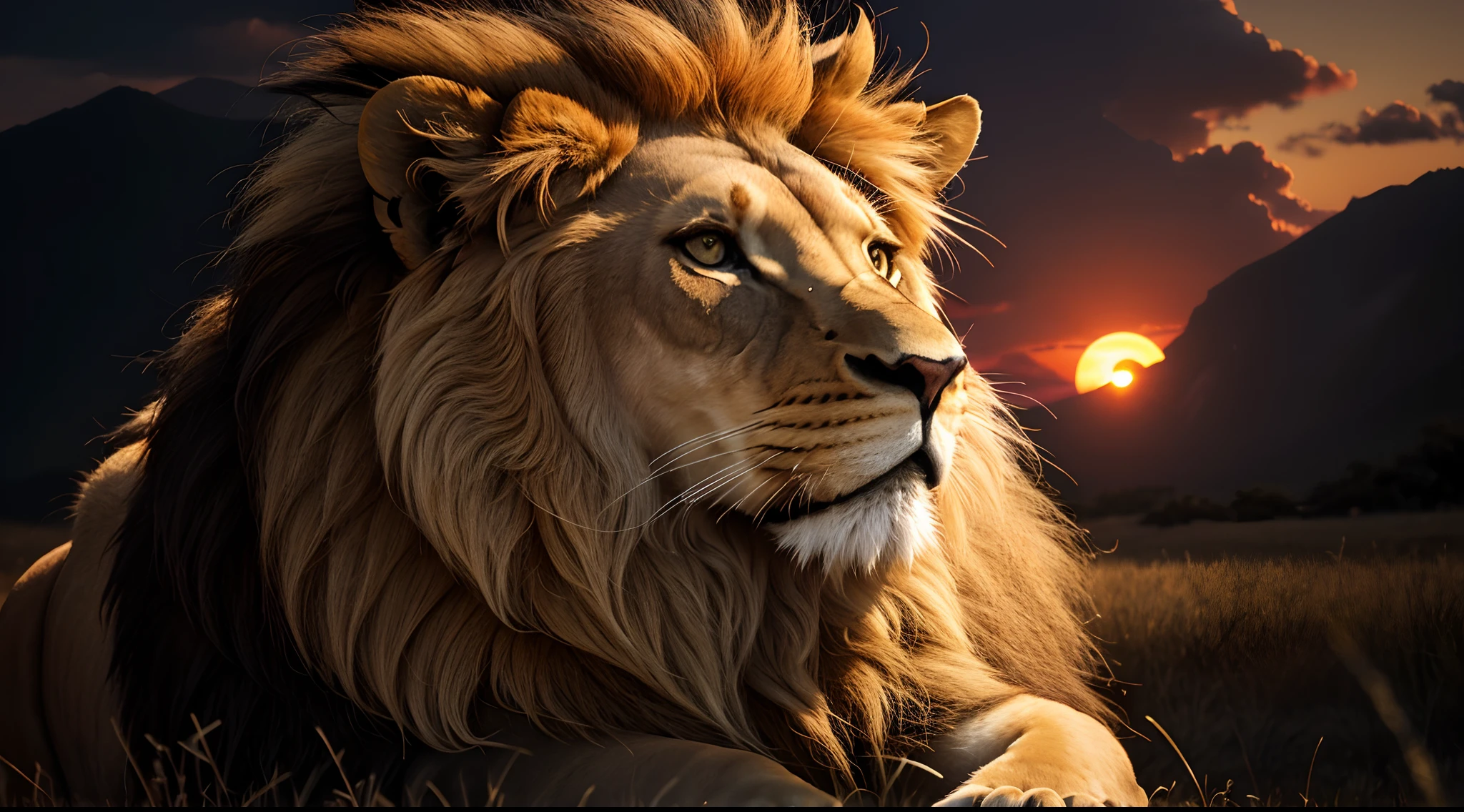 Lion, Divine Lion, naturais, Natureza, Natureza, Linda, renderizado, fotorrealista, UltraHD, 4k, texturasdetalhadas, thunders, sombras detalhadas, cores detalhadas, por do sol, sol se pondo, Sunset, Natureza Linda, fundo preto, por do sol, contraste detalhado, contraste realista, alta resolução, cores detalhadas, fogo, eletricidade, divina criatura, 8k,