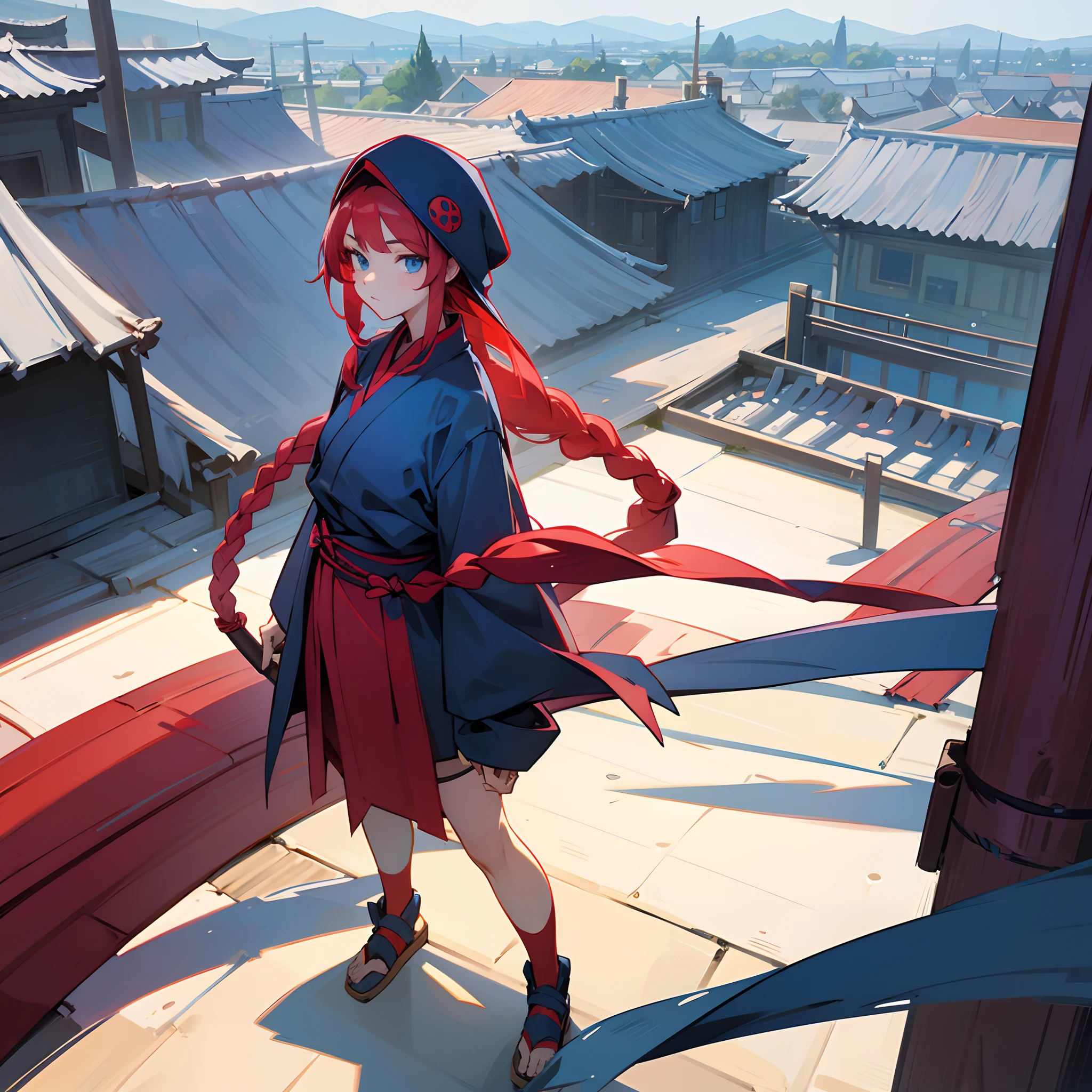 , 1female, long red braided hair, finely detailed blue eyes, loose casual ninja clothing, standing on large village roof, crouched down