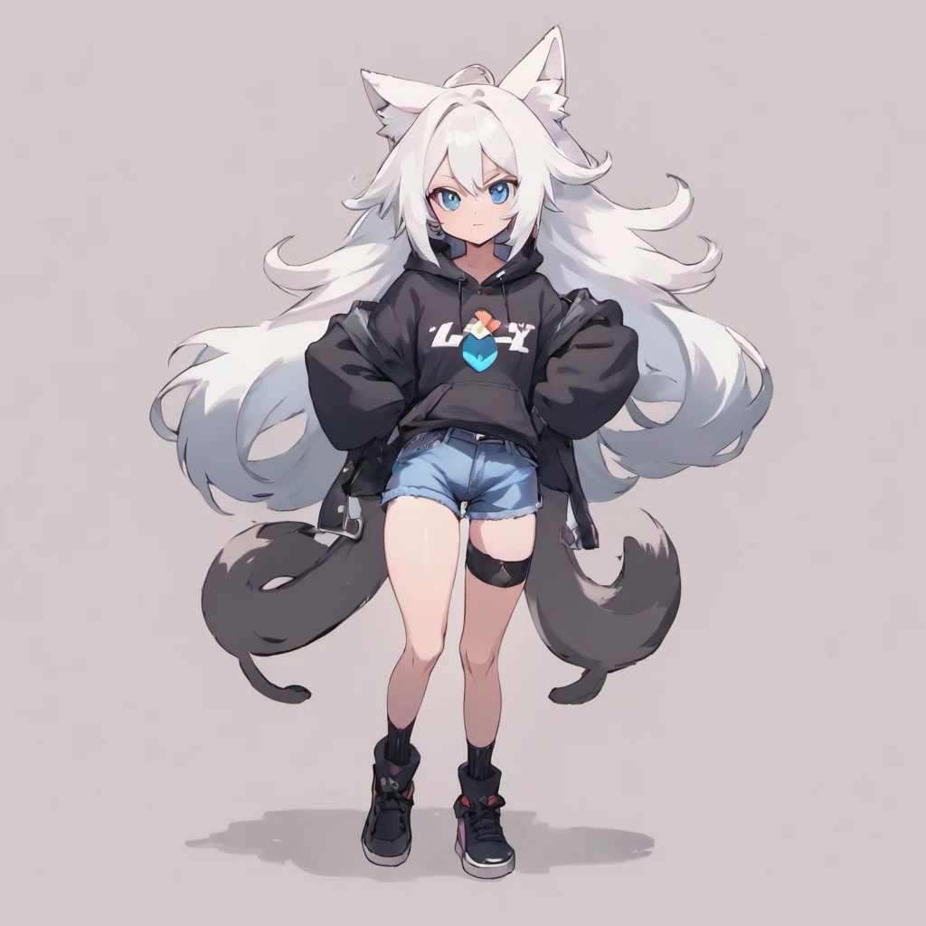 male, Short, has Long white hair, has wolf ears, has wolf tail, has blue eyes, wearing denim short shorts, thigh high fishnets, black combat boots, wearing cropped black hoodie, flat chest, super flat chest, solo femboy, only one femboy ((FLAT CHEST)) (ALONE)(SOLO) Alone, solo, wide hips, thicc thighs, male, is male