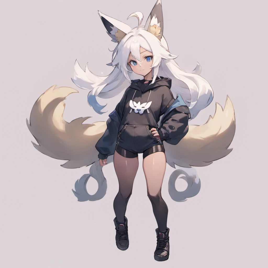 male, Short, has Long white hair, has wolf ears, has wolf tail, has blue eyes, wearing denim short shorts, thigh high fishnets, black combat boots, wearing cropped black hoodie, flat chest, super flat chest, solo femboy, only one femboy ((FLAT CHEST)) (ALONE)(SOLO) Alone, solo, wide hips, thicc thighs, male, is male