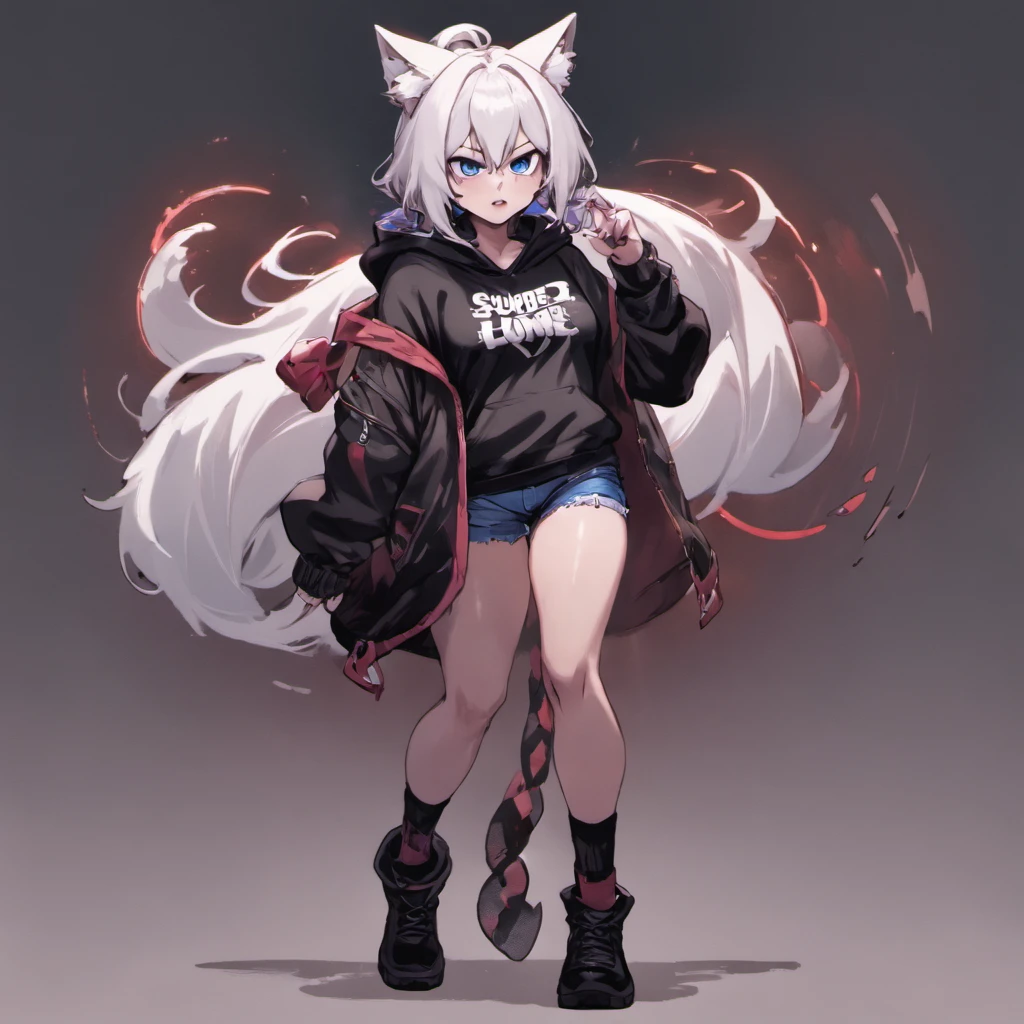 male, Short, has Long white hair, has wolf ears, has wolf tail, has blue eyes, wearing denim short shorts, thigh high fishnets, black combat boots, wearing cropped black hoodie, flat chest, super flat chest, solo femboy, only one femboy ((FLAT CHEST)) (ALONE)(SOLO) Alone, solo, wide hips, thicc thighs, male, is male