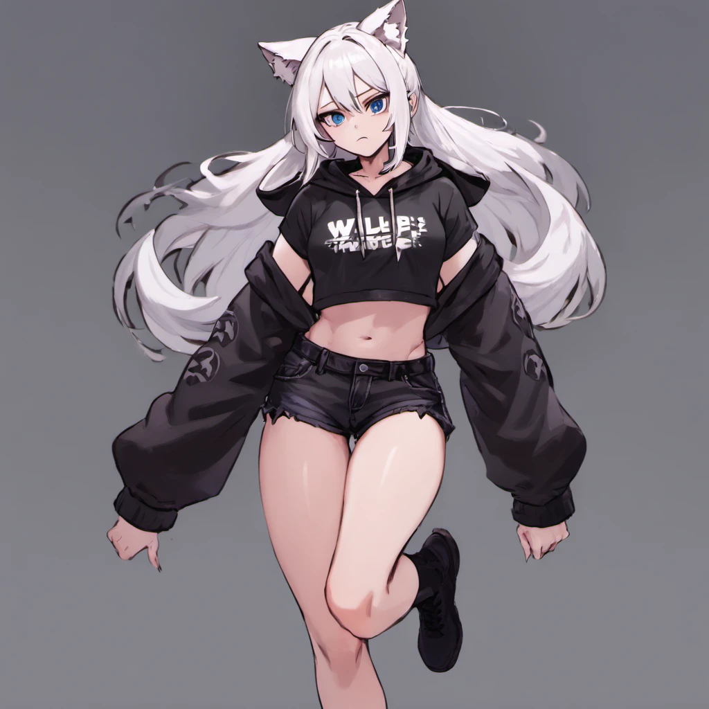male, Anime Femboy, Short, has Long white hair, has wolf ears, has wolf tail, has blue eyes, wearing denim short shorts, thigh high fishnets, black combat boots, wearing cropped black hoodie, flat chest, super flat chest, solo femboy, only one femboy ((FLAT CHEST)) (ALONE)(SOLO) Alone, solo, wide hips, thicc thighs