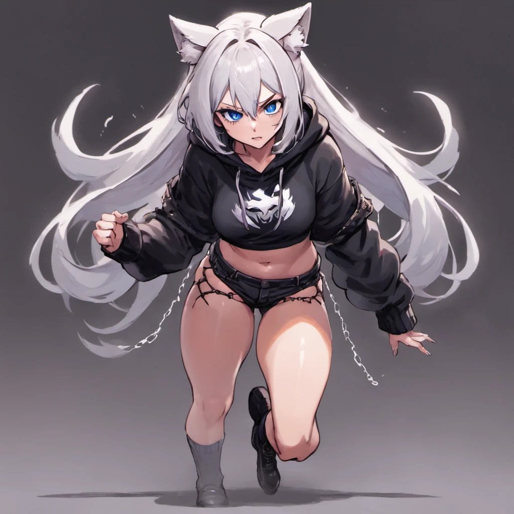 male, Short, has Long white hair, has wolf ears, has wolf tail, has blue eyes, wearing denim short shorts, thigh high fishnets, black combat boots, wearing cropped black hoodie, flat chest, super flat chest, solo femboy, only one femboy ((FLAT CHEST)) (ALONE)(SOLO) Alone, solo, wide hips, thicc thighs, male, is male