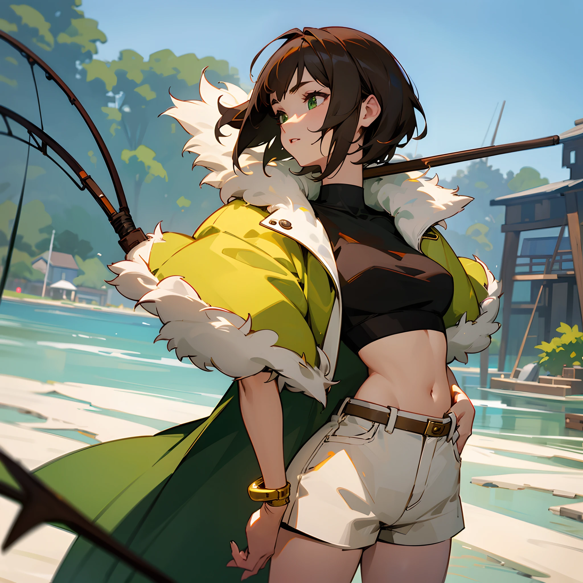 Adult, 1female, brown short hair, finely detailed green eyes, fishing village, crop top, fur coat, shorts,